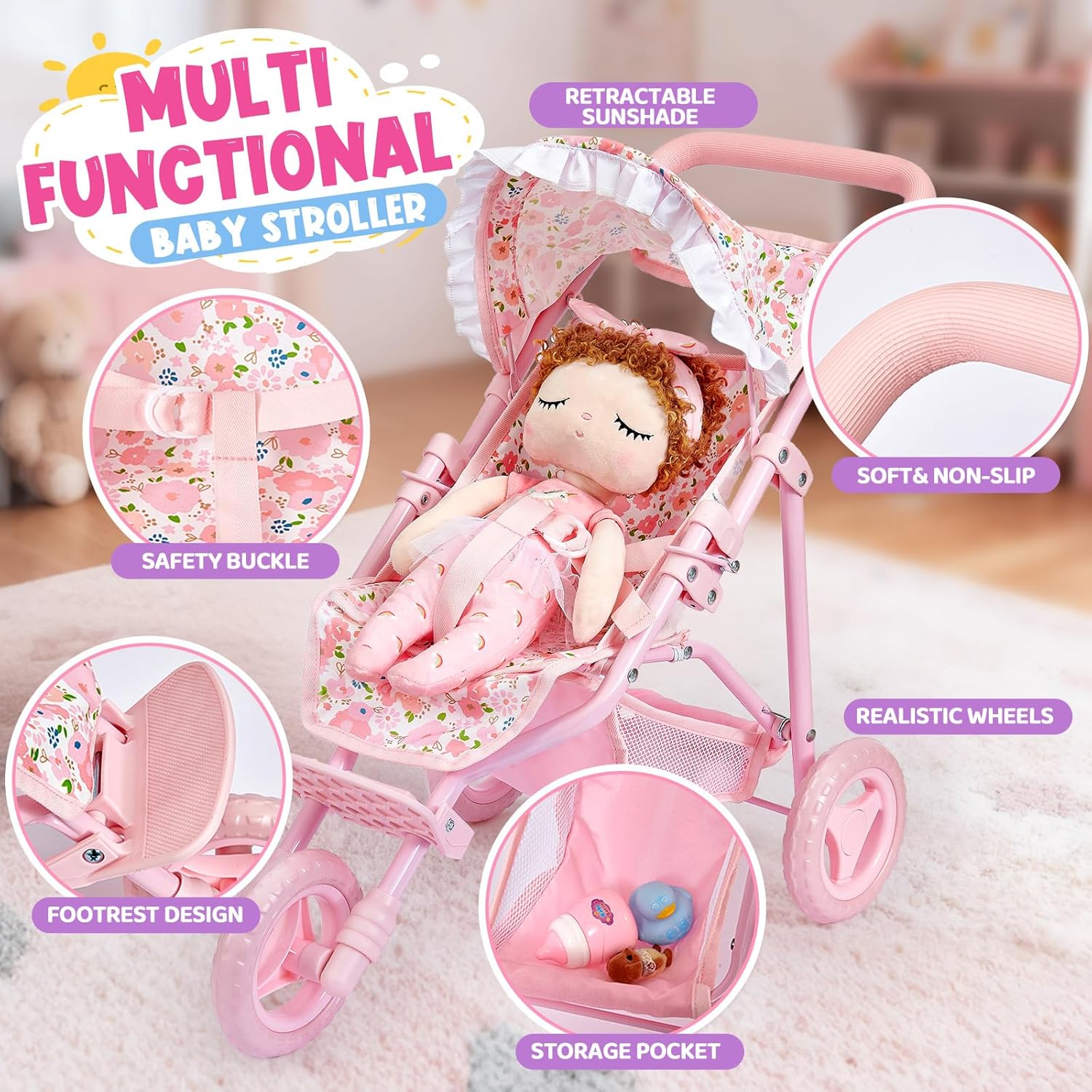 Baby Doll Stroller Toy Set for Girls Toddlers 3-5, 13.4" Baby Doll Accessories Set with Foldable Stroller & Bottle, Pretend Play Baby Toy Christmas Birthday Gifts for Kids 3 4 5 6 7 8 Year Old