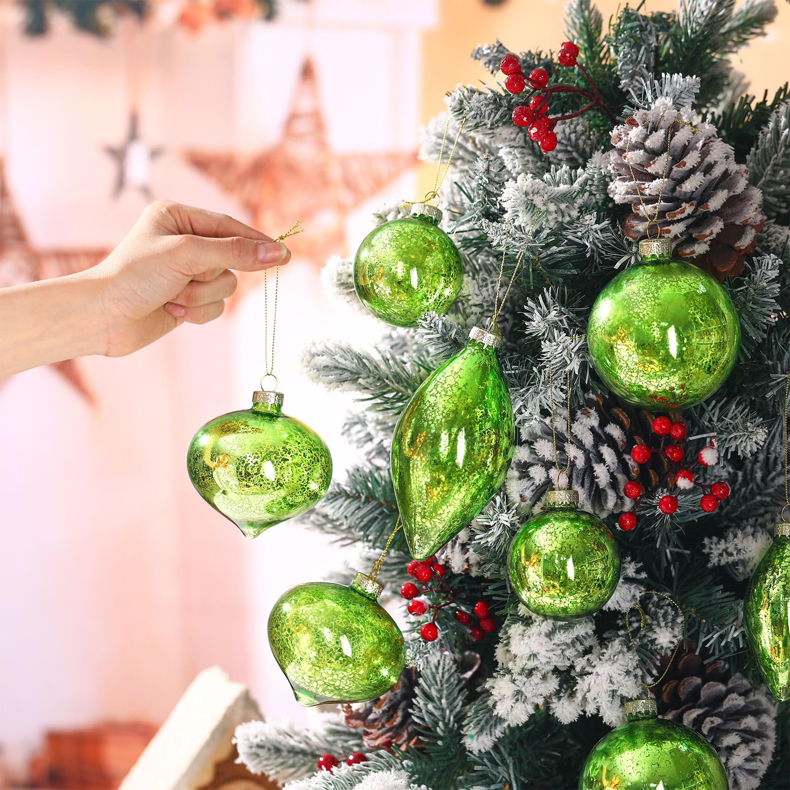 Soulchen Lot de 12 boules de Noël en verre mercure à paillettes vert clair - Décorations de sapin de Noël à suspendre pour arbres, fêtes, mariages