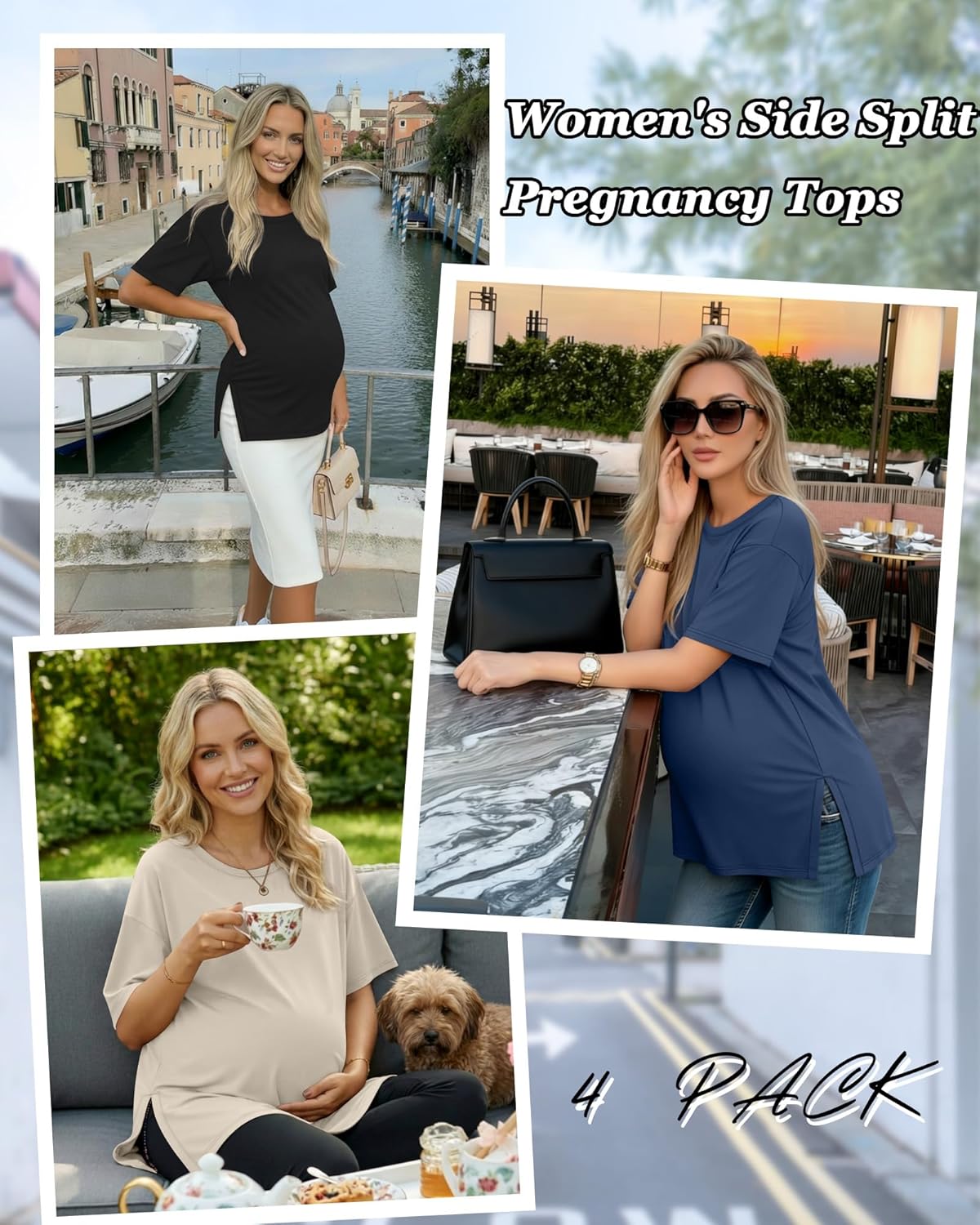 Riyiper 4 Pack Women's Maternity T Shirts, Short Sleeve Split Side Pregnancy Tee Tops Casual Loose Crewneck Maternity Clothes - Image 2