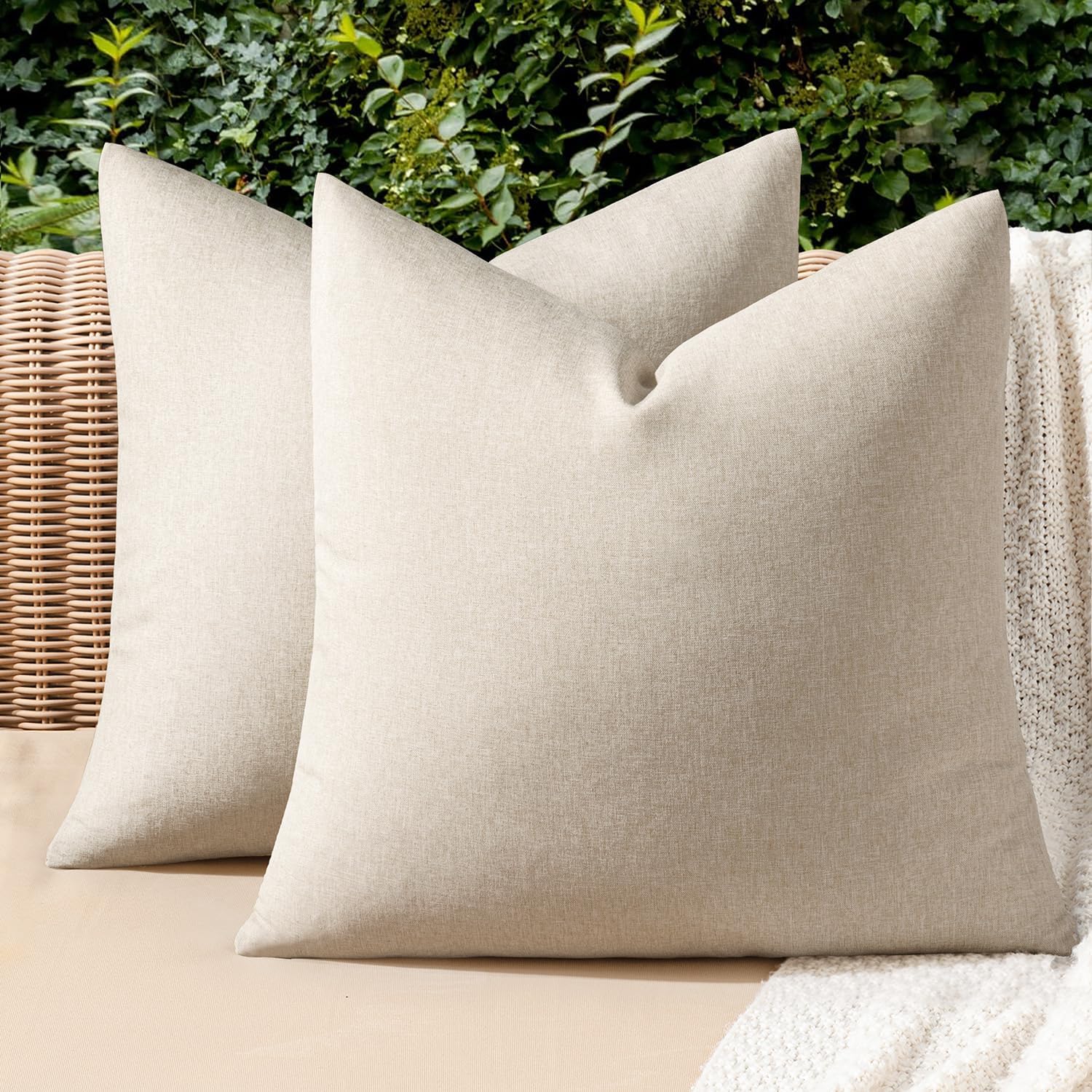 MIULEE Pack of 2 Decorative Outdoor Solid Waterproof Throw Pillow Covers Euro Sham Faux Linen Garden Farmhouse Cushion Cases for Patio Tent Balcony Couch Sofa 22x22 Inch Beige