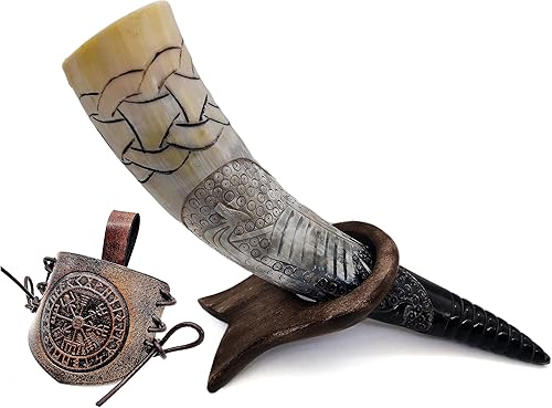 5MOONSUN5 's Auténtico cuerno vikingo grabado a mano cuerno para beber hecho a mano con soporte y funda de cuero, jarra de estilo nórdico único taza