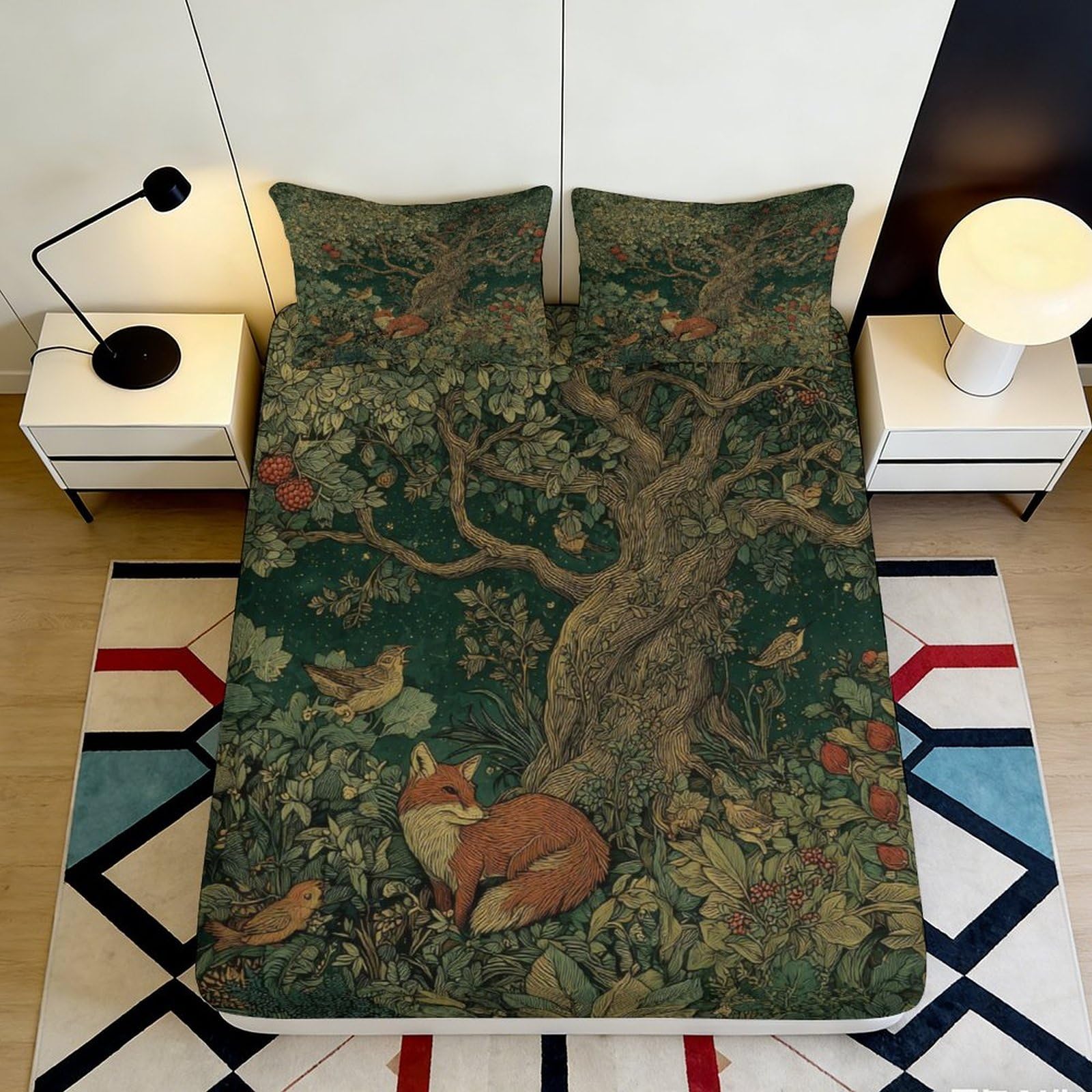 3D Printed Forest Fox Fitted Sheet Microfiber Soft Durable Green Bed Cover with Tree and Bird Design Mattress Cover for Bedroom Dormitory Guest Room 140x200x25cm