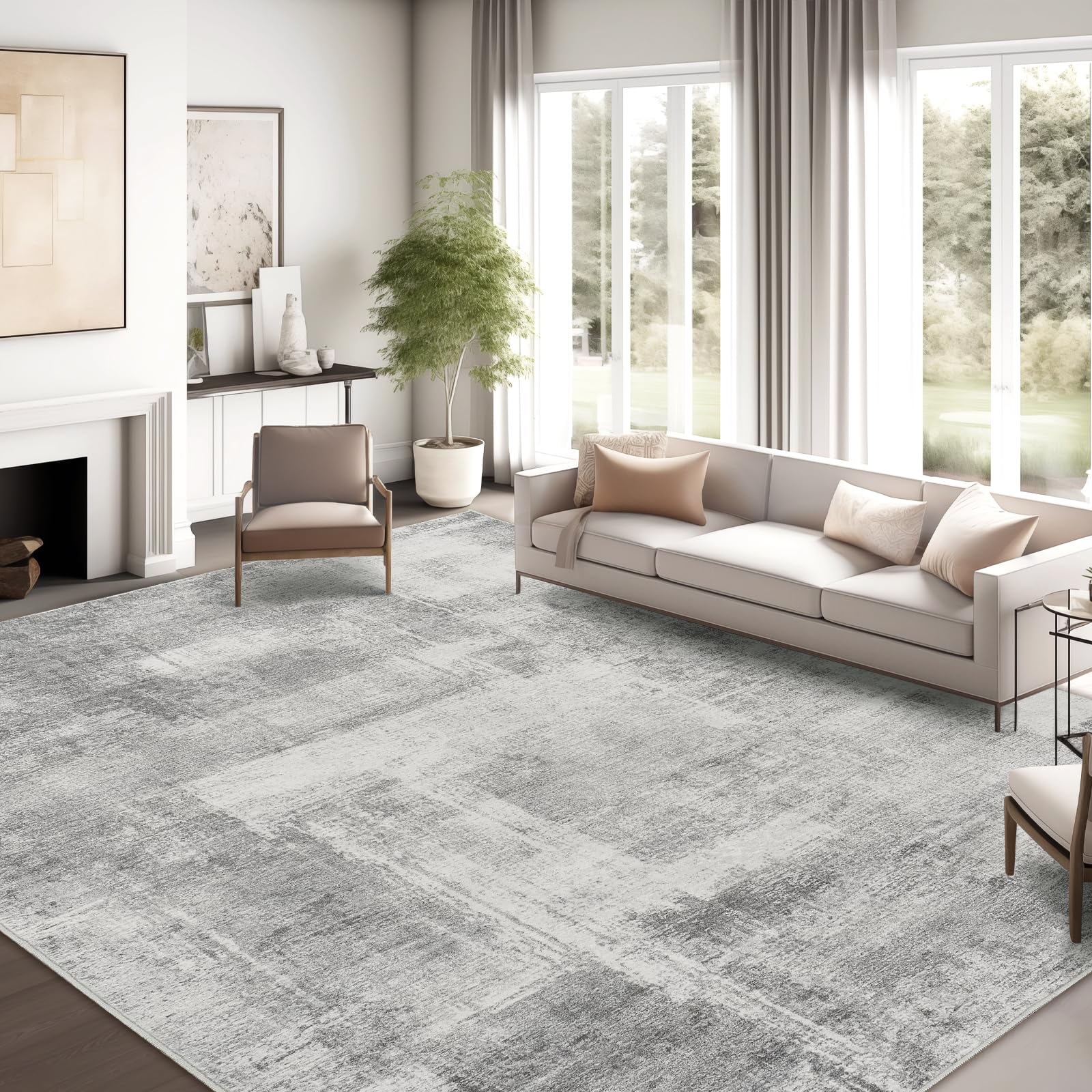 Washable Area Rug 6x9, Large Abstract Rugs for Living Room, Non-Slip Stain Resistant Rugs, 6x9 Area Rugs for Bedroom, Dining Room, Ultra-Thin Indoor Area Rugs (Grey/Ivory, 6'x9')