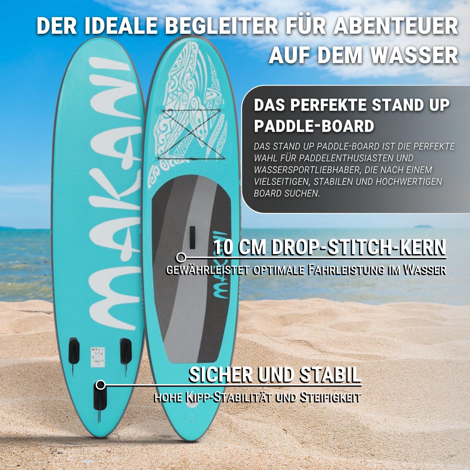 Stand Up Paddle Board | Allround SUP 320 cm | xxx | Komplettset | Drop-Stitch-Kern | bis 120 kg | 3 Finnen | Tragetasche | für Anfänger und Fortgeschrittene | aufblasbar