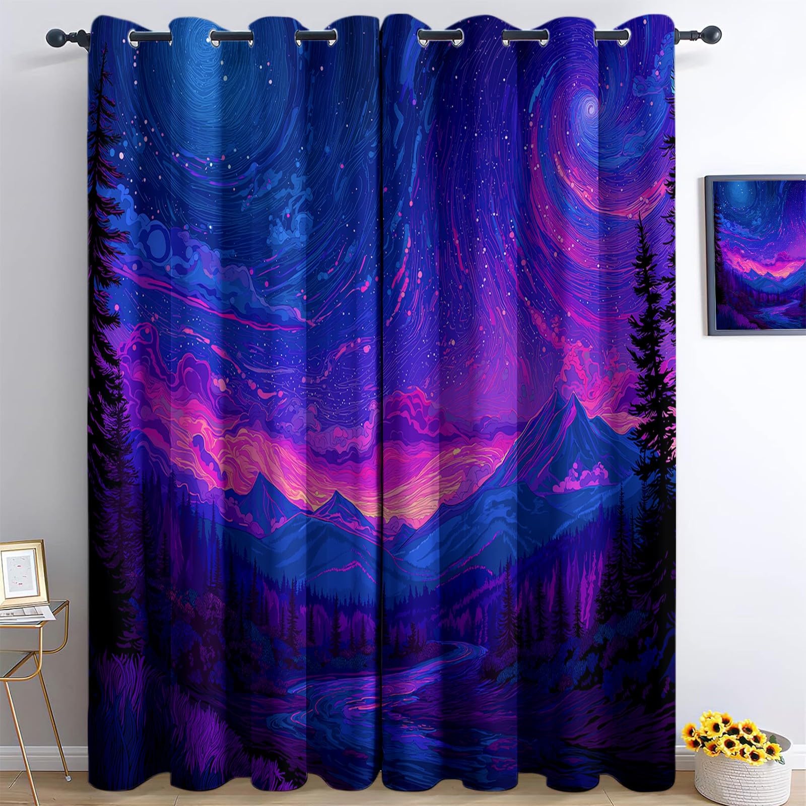 Rideau Occultant 3D Violet Fantaisie Nébuleuse Vallée Rideau Fenêtre Isolant Thermique Phonique Opaque à Oeillets pour Chambre d'enfant Maison Salon Décoration, Lot de 2 Rideaux 100 x 110 cm