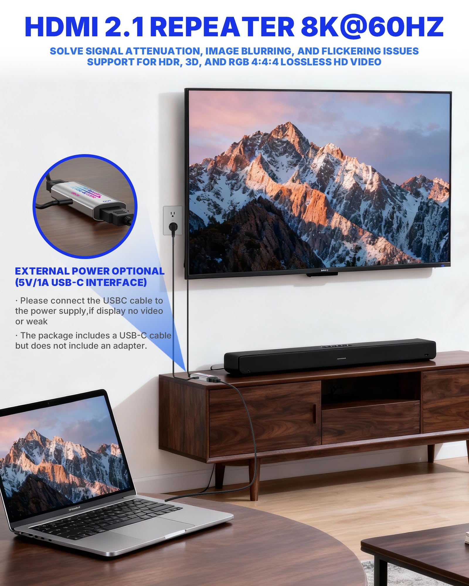 8K aktive HDMI-Booster-Repeater, Signalverstärker HDMI 2.1 Extender unterstützt 8K@60Hz/4K@240Hz, verlängert HDMI 1080P auf bis zu 50 m für PS5, Xbox, Projektor, HDCP 2.3 mit USB-C-Stromanschluss - 4