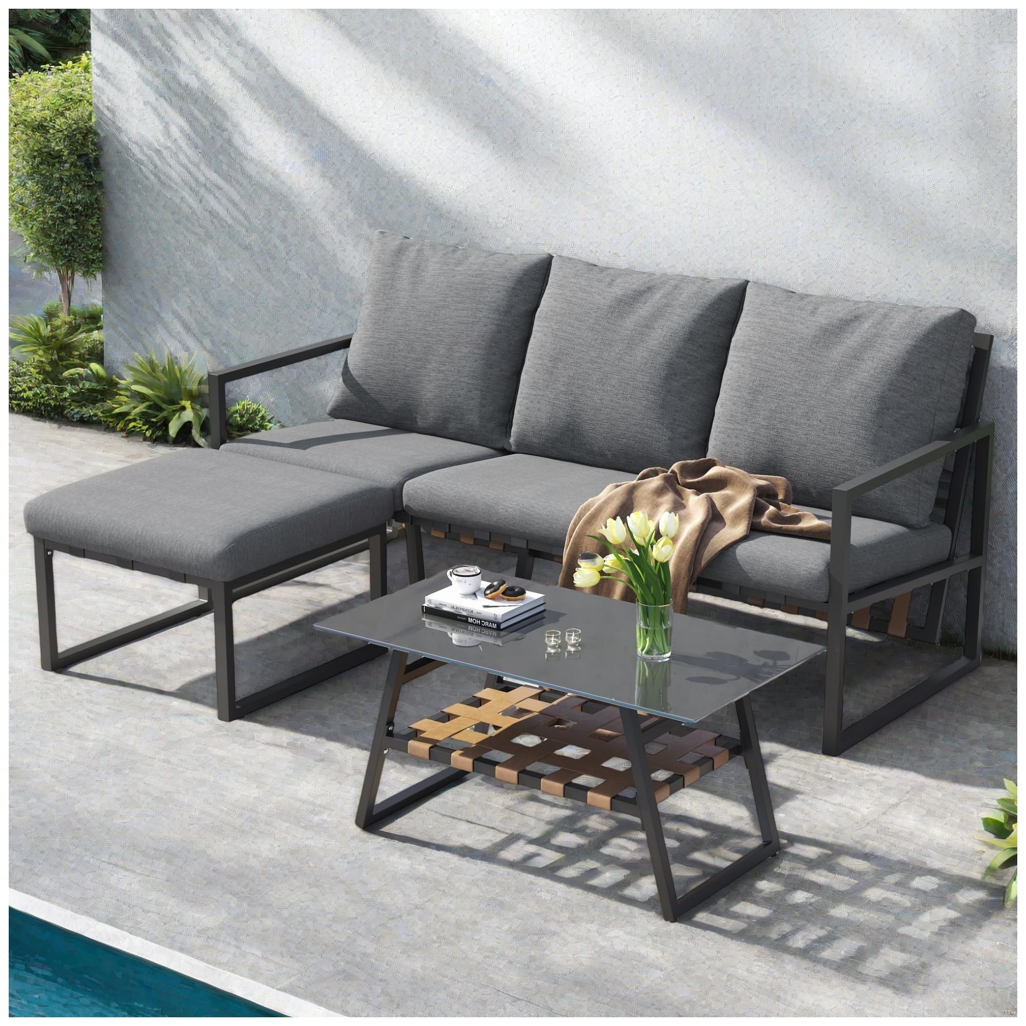 Juego de muebles de jardín, sofás para 4 personas, juego de esquina, sofá + mesa + reposapiés, tubo de acero galvanizado, tablero de cristal, sofá combinado para exteriores, gris