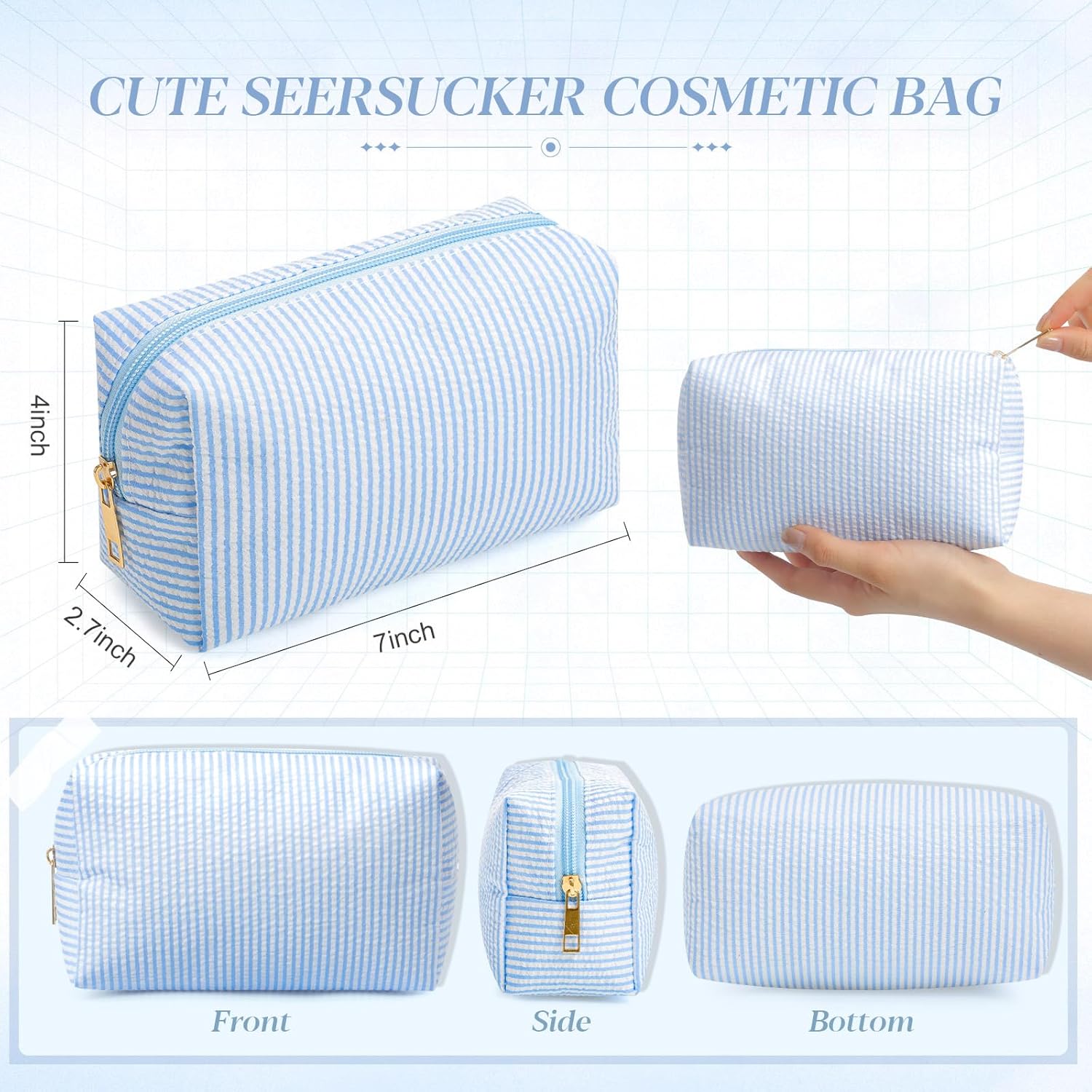 Sanwuta 6 Pcs Seersucker Cosmetic Bags Bulk Seersucker Makeup Bags Stripe Women Pouch Large Preppy Storage Pouch Toiletry Travel Organizer for Wedding Bridesmaid Bride Favor Mom Gift (Blue) thumbnail