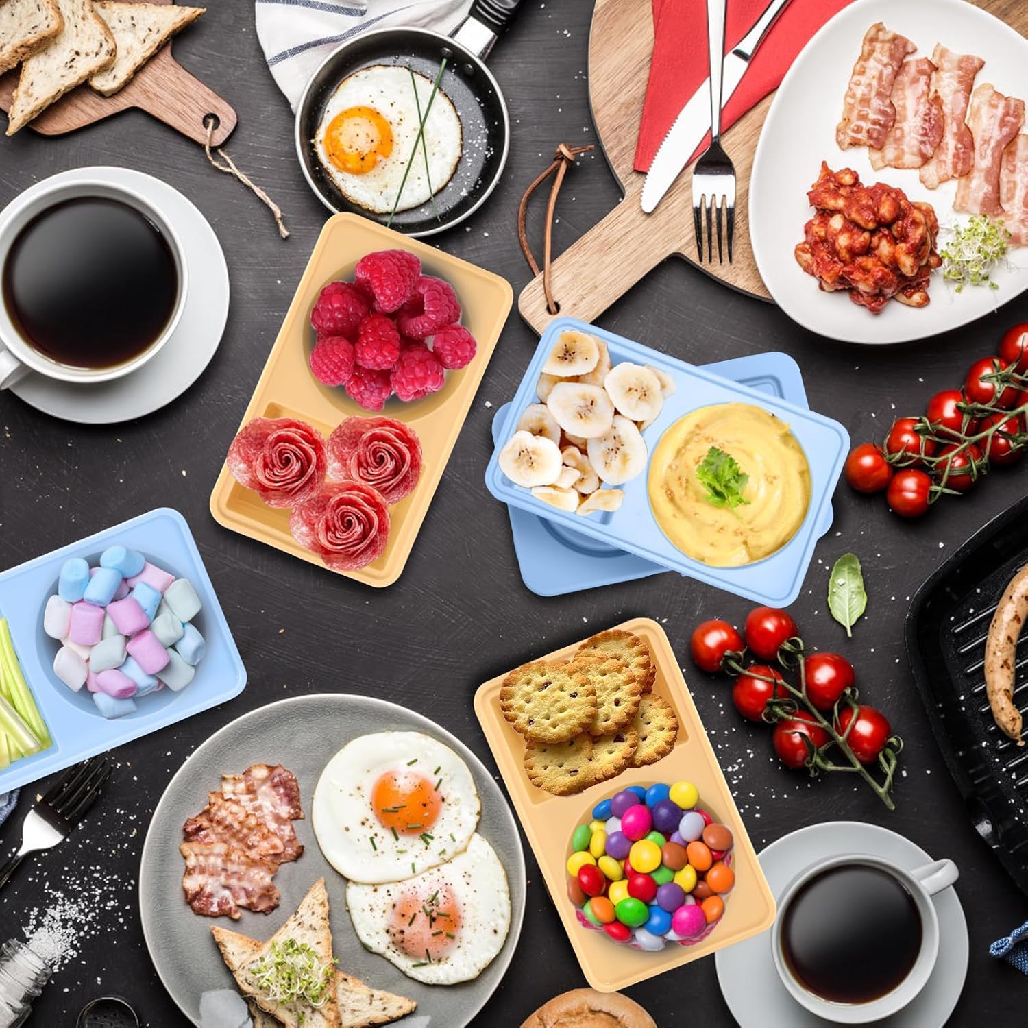 6 Stück Silikon Snack Container,Snackbox Mit 2 Fächern