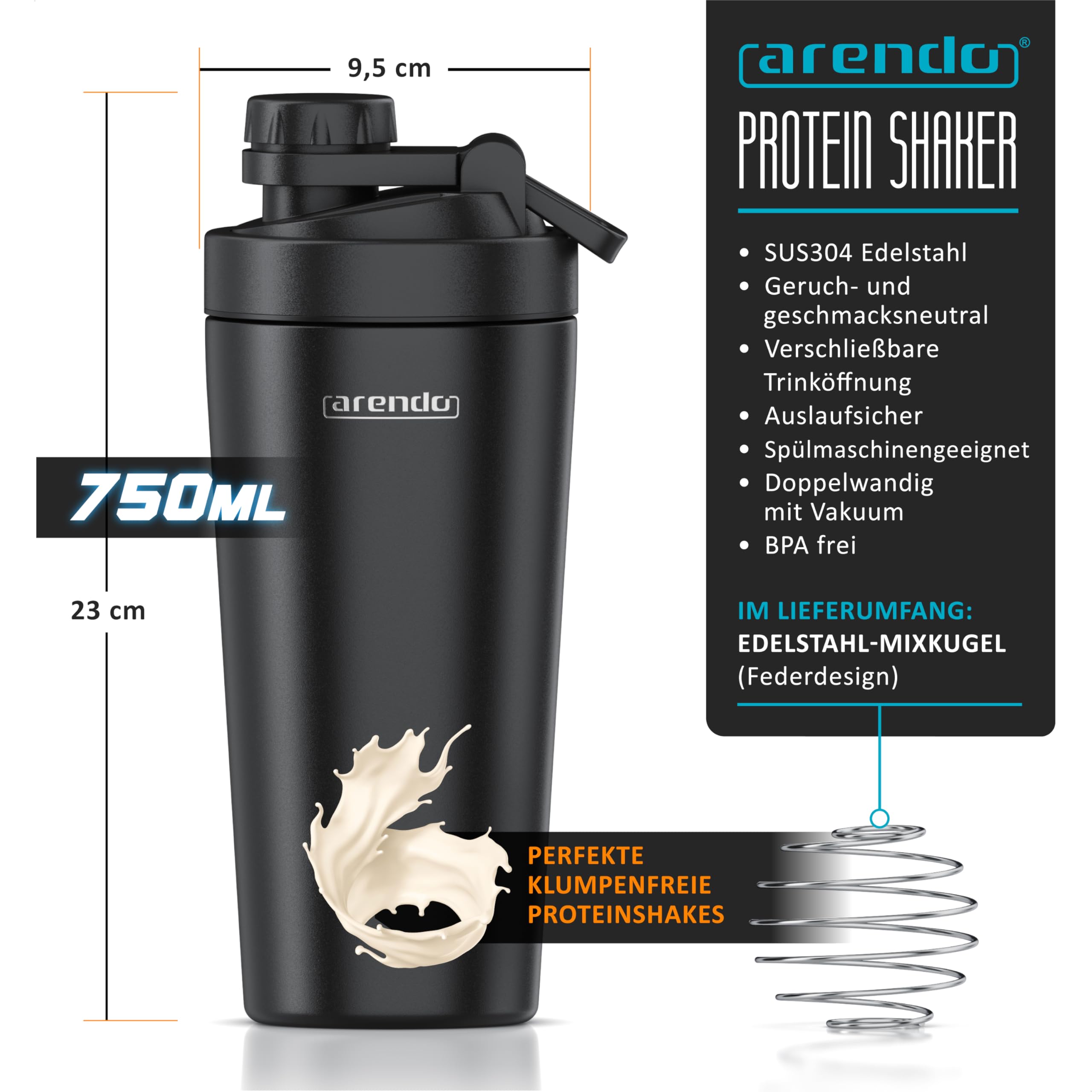 Arendo - Eiweiß Shaker Edelstahl 750ml, Protein Shaker mit Mixkugel, BPA frei, Mixbecher, Metall Premium Eiweißshaker, Tragegriff, Spülmaschinengeeignet, To Go für Yoga Fitness Sport, Schwarz - 2