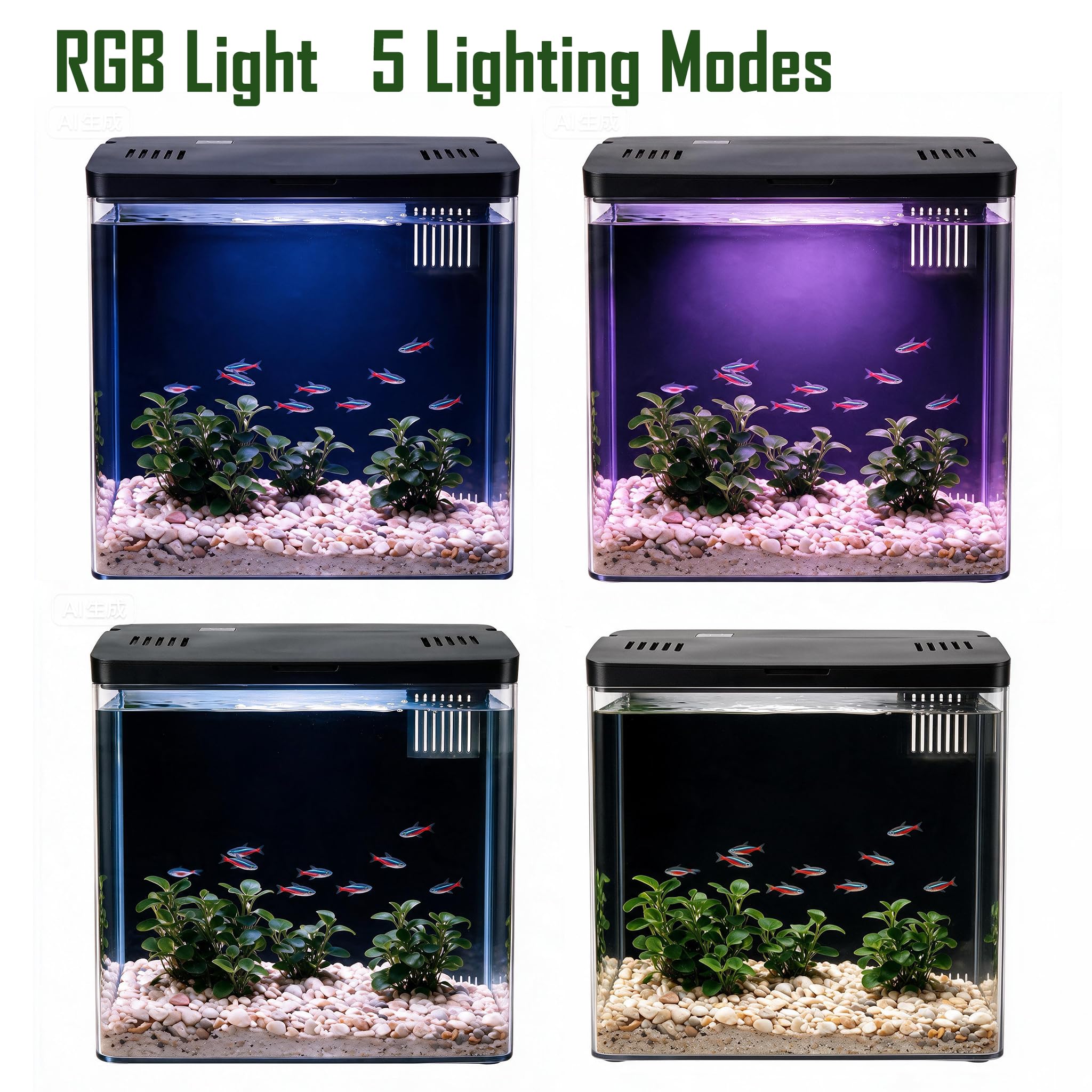 Kit de démarrage pour aquarium 4,5 L, petit aquarium Betta en acrylique avec lumières LED et filtre de fond (noir)