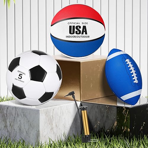 Miniatura 4 de Sratte Juego deportivo de 3 pelotas deportivas que incluye tamaño oficial de fútbol, baloncesto, fútbol con bomba y bolsa de transporte para Marrón