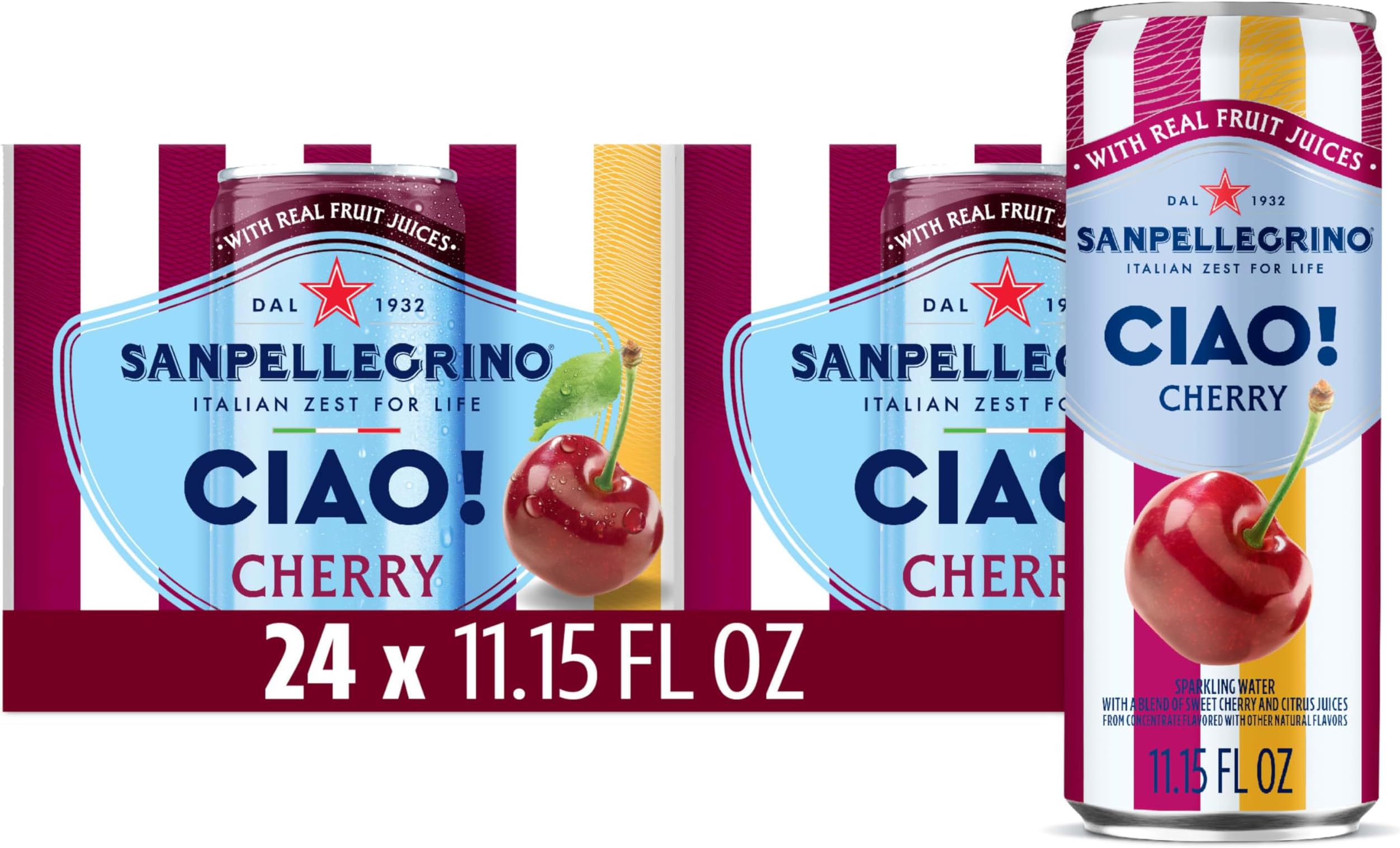 Sanpellegrino CIAO Cherry Sparkling Water, Low-Calorie Italian Sparkling Water with Real Fruit Juices, 0g Added Sugar, 24-Pack