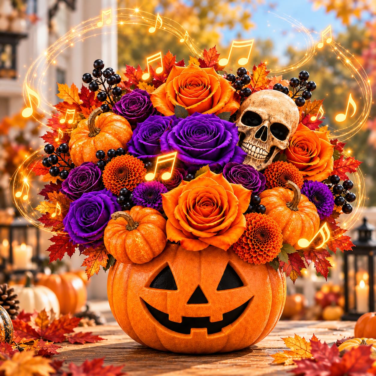 APOTODITO Halloween Bouquet Card with Music and Lights, Halloween Card with Skeleton, Halloween Gifts for Men, Women, Spooky Musical Greeting Card — image 1