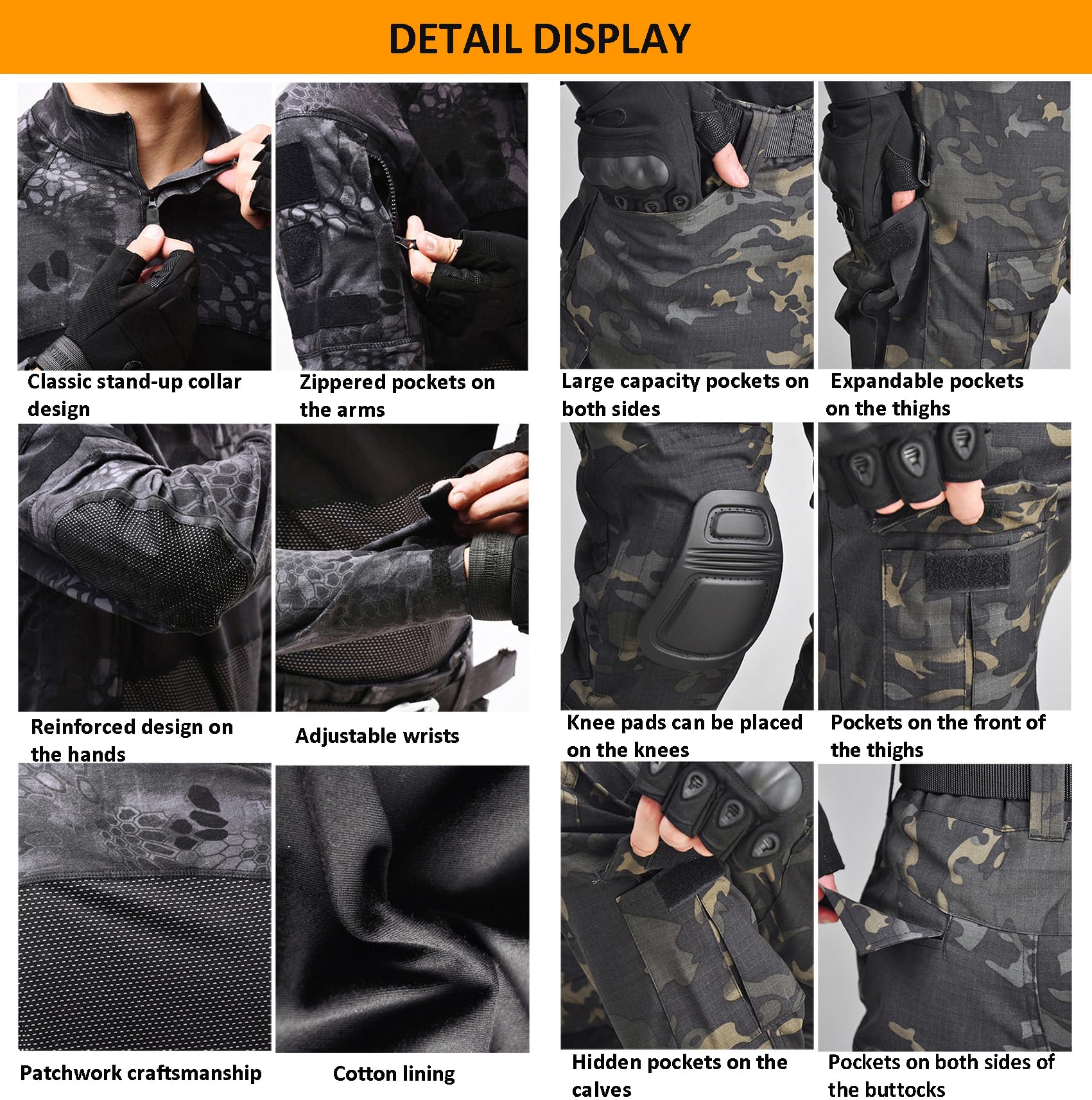 Tuta tattica da uomo a maniche lunghe, mimetica, top + pantaloni per softair, attività all'aperto, allenamento militare, abbigliamento multiuso