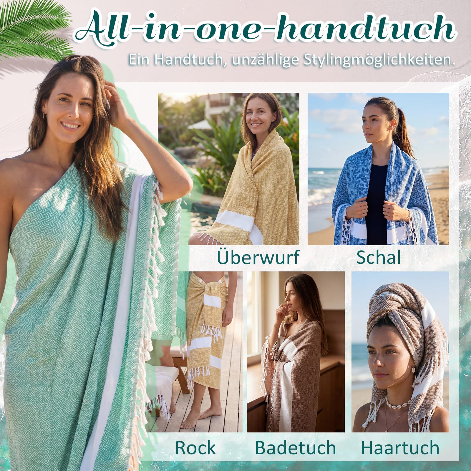 Nuenen 4er Set Hamamtuch Saunahandtuch 100 x 180 cm Leichtes Schnell Trocknendes Strandtuch aus Baumwolle Platzsparend für Reise Sauna Yoga Urlaub Weich Stilvoll (Blau, Grün, Braun, Gelb)