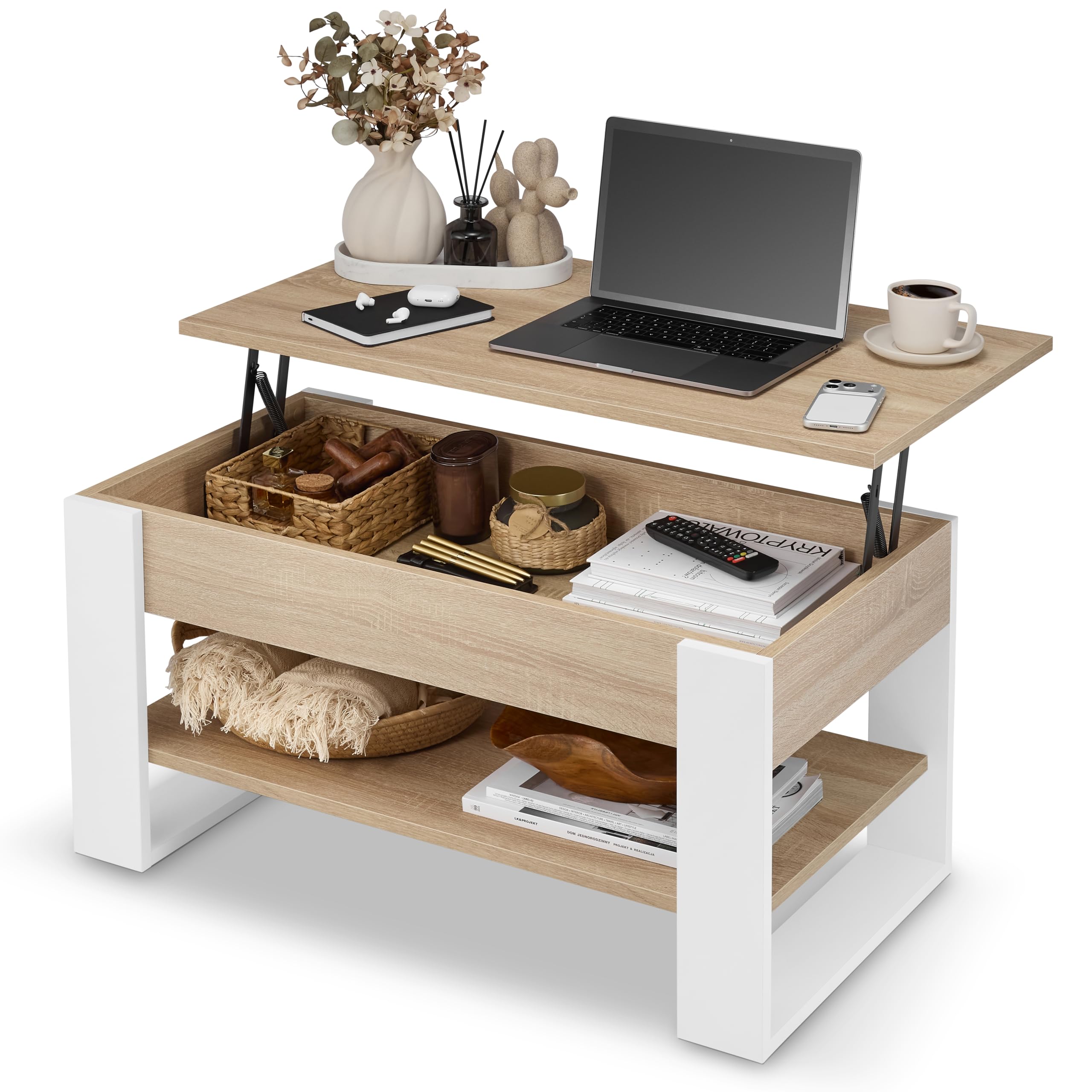defiPad Couchtisch Höhenverstellbar mit Stauraum | Wohnzimmertisch Klappbar | Höhenverstellbarer Coffee Table | Couchtische Ausziehbar | Wohnzimmer Tisch Eiche (Weiß + Sonoma Eiche)