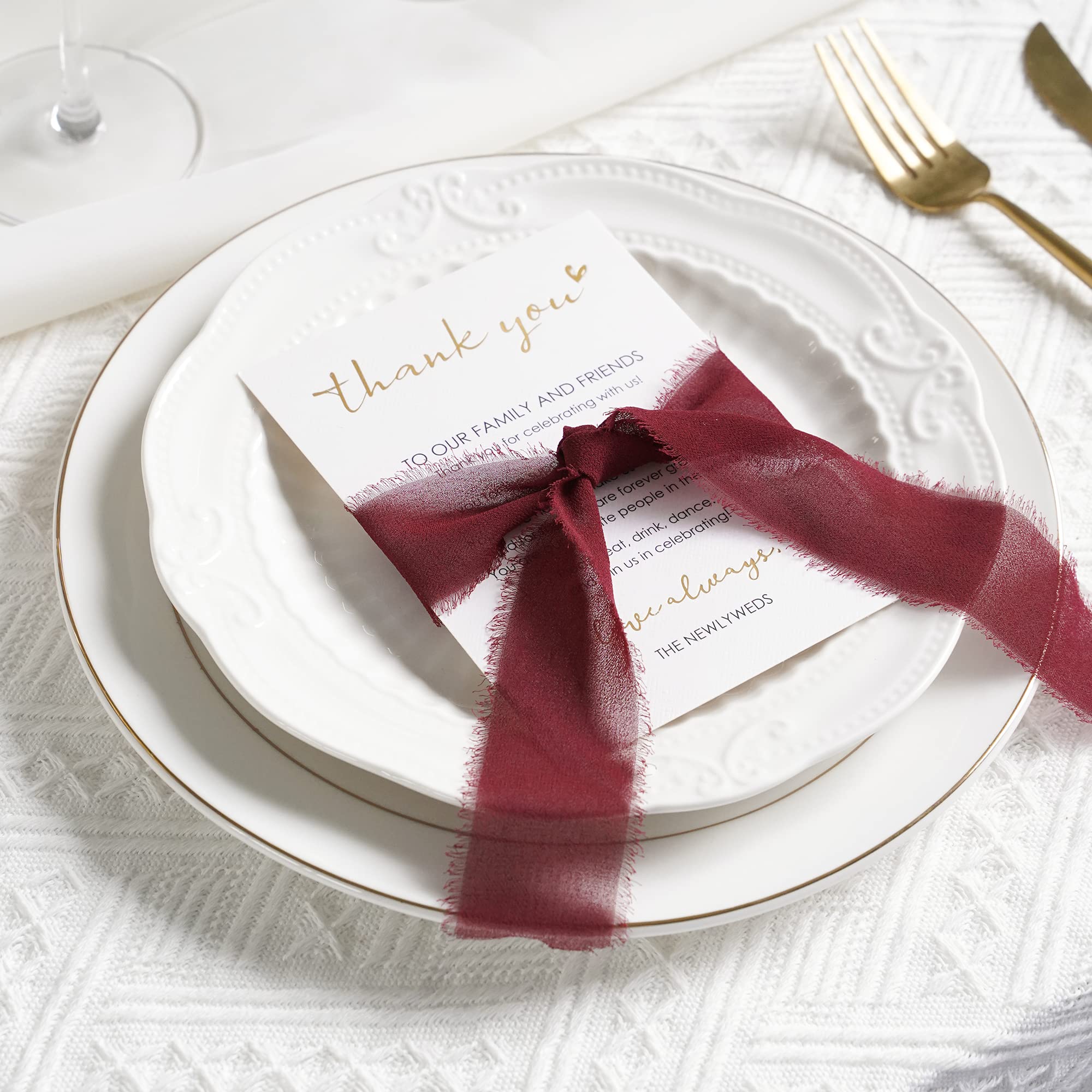 HUIHUANG Wedding Thank You Place Setting Cards with Burgundy Chiffon Ribbon, for Weddings Favors, Receptions, Parties, Events and Celebrations-Pack of