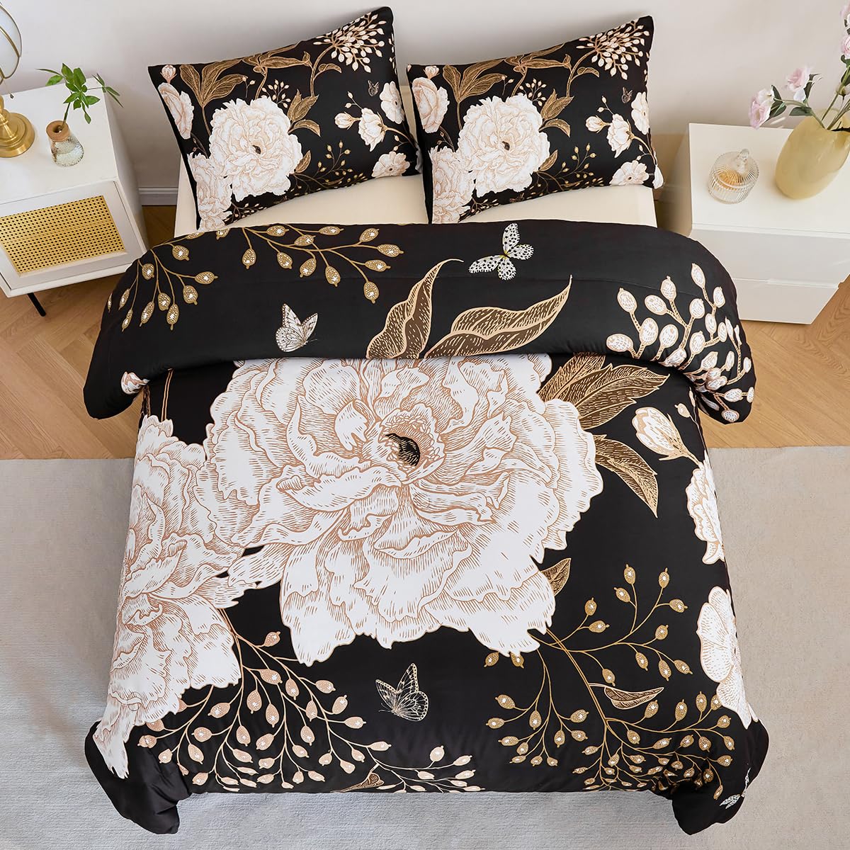 STYHO Floral Duvet Cover Set Black King 3Pcs Farmhouse White Flower and Butterfly Printed Bedding Set Soft Microfiber Botanical Themed Duvet Covers with Pillowcases(Black - Image 2