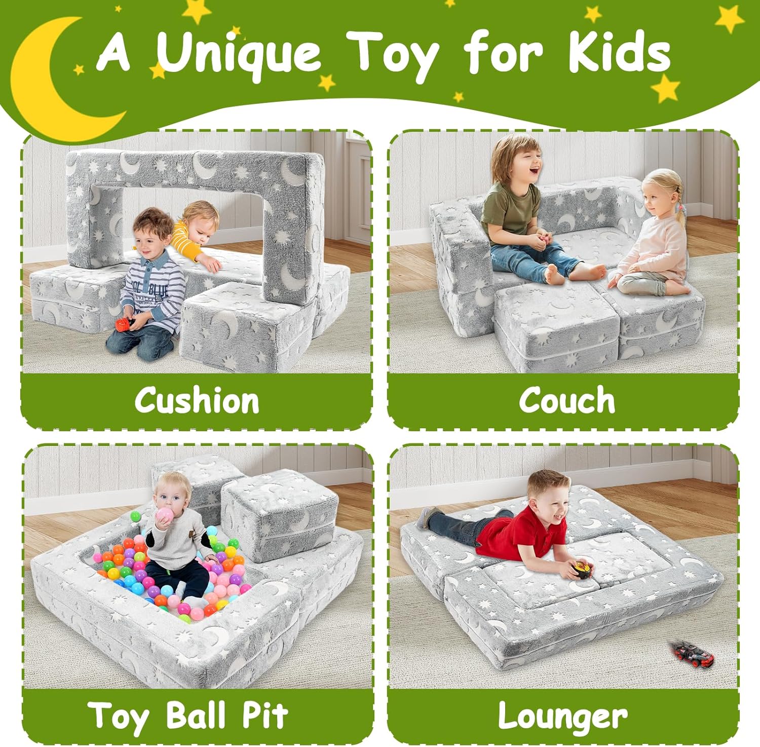 Kids Couch, 4Pcs Toddler Couch Sofa Bed, Glow-in-The-Dark Kids Chair Seat Playroom Furniture, Child Sectional Sofa with Removable Cover for Kids Girls & Boys, Dark Grey - Image 3