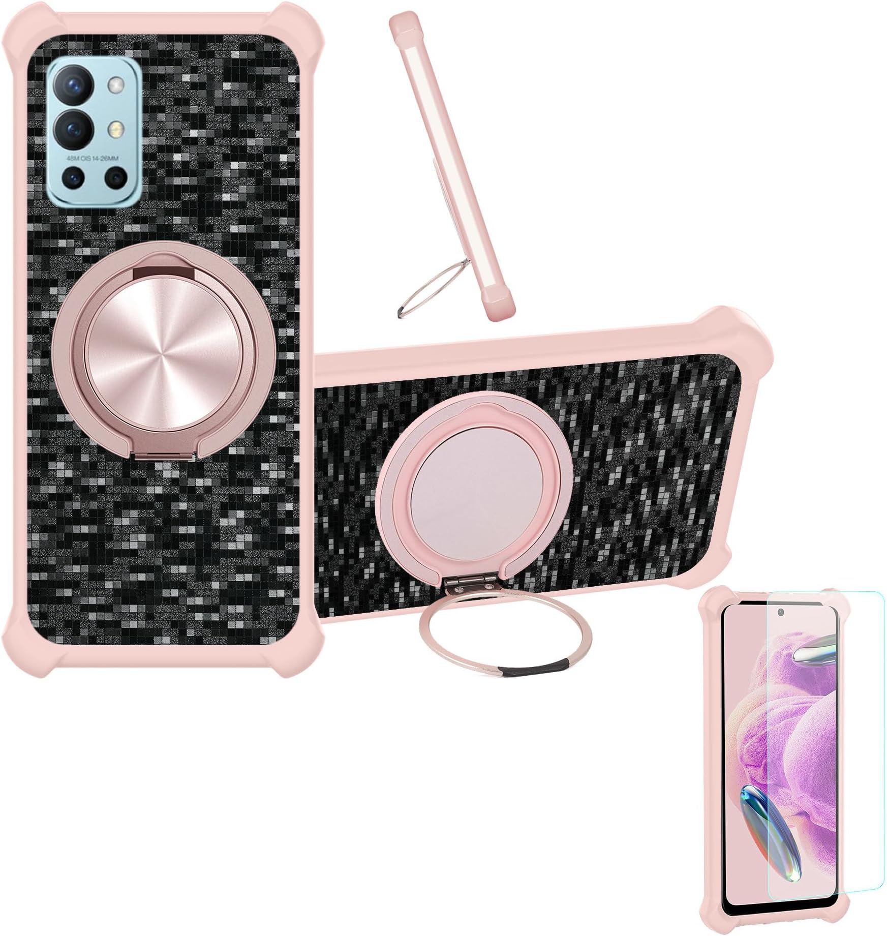 Case Compatible for Oneplus 9r Phone Case Cover [with 1* Tempered Glass Screen Protector] Hybrid Case[360°Ring Support, Magnetic] CX-14-FEN