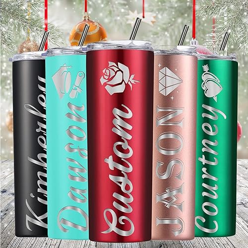 Miniatura 4 de Vaso delgado personalizado de acero inoxidable con tapas y pajitas, vaso delgado con aislamiento personalizado grabado con nombre, 20 onzas, para