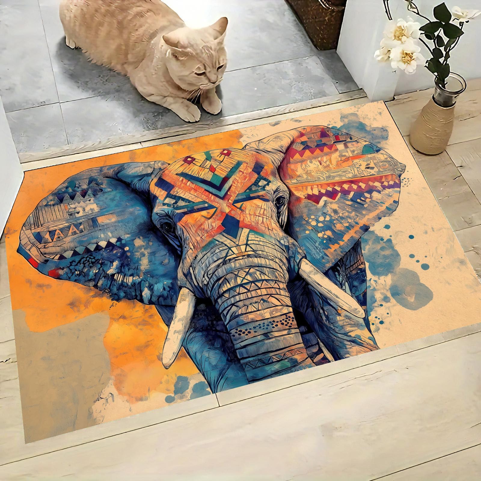 Tapis entree interieur 90 x 150 cm orange absorbant antiderapant et paillasson lavable elephant