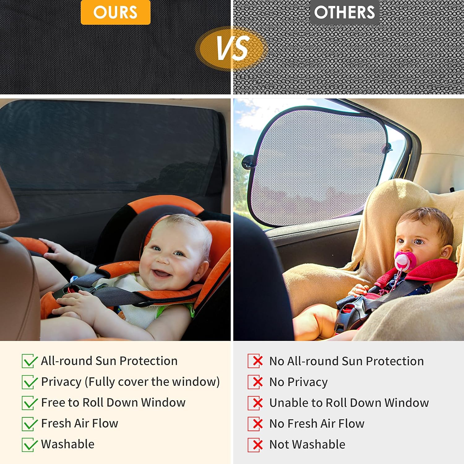 Car Rear Side Window Shade: Universal Mesh Sun Blocker Screen for Sedan & SUV - Back Side Windows Blackout Sunshade Privacy Curtain for Baby Kids Child Passenger 2Pack