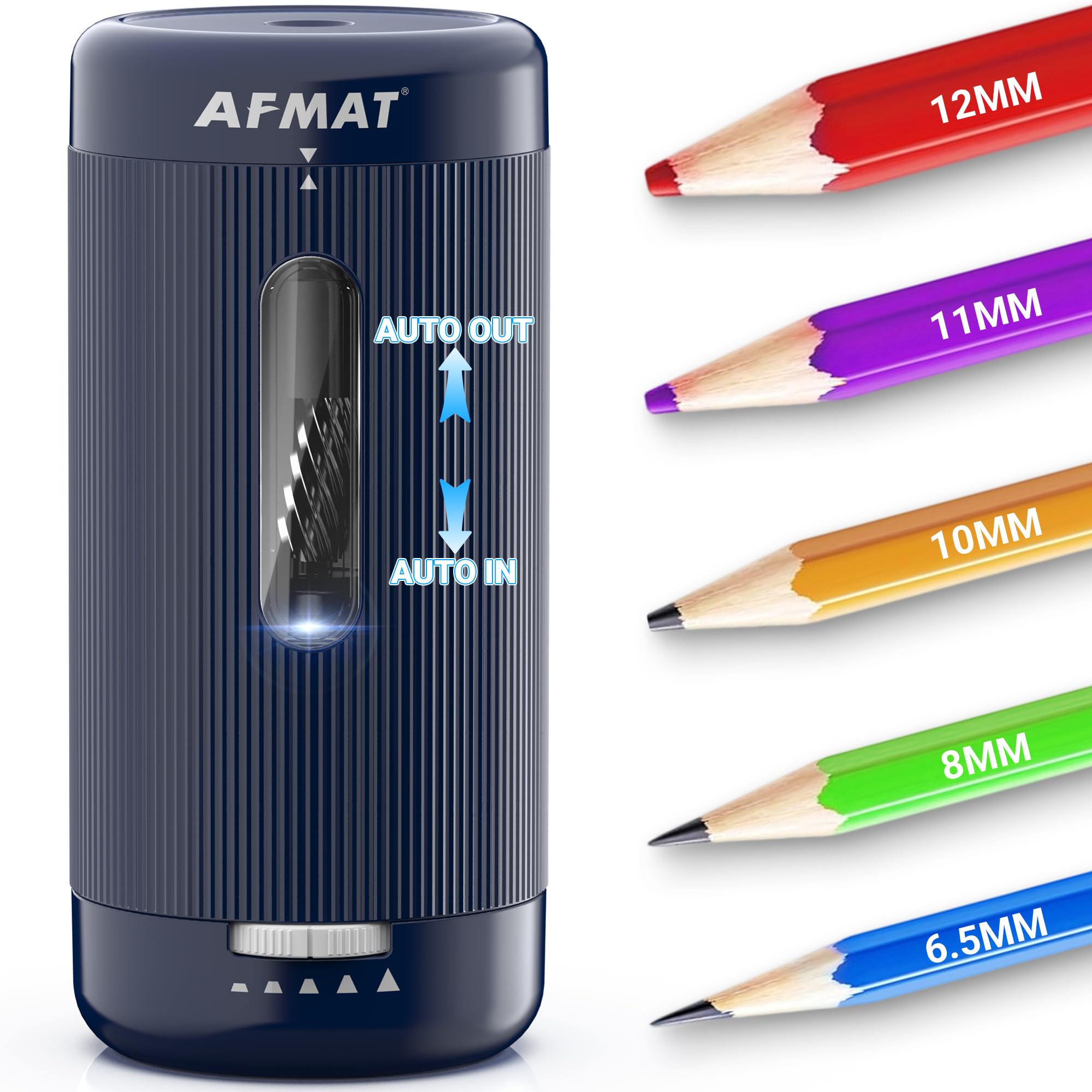 AFMAT Fully Automatic Electric Pencil Sharpener, Auto in & Out, Rechargeable Fully Automatic Pencil Sharpeners for Jumbo&Colored Pencils (6.5-12mm), Portable for Home/Classroom/Office, Blue PSC3