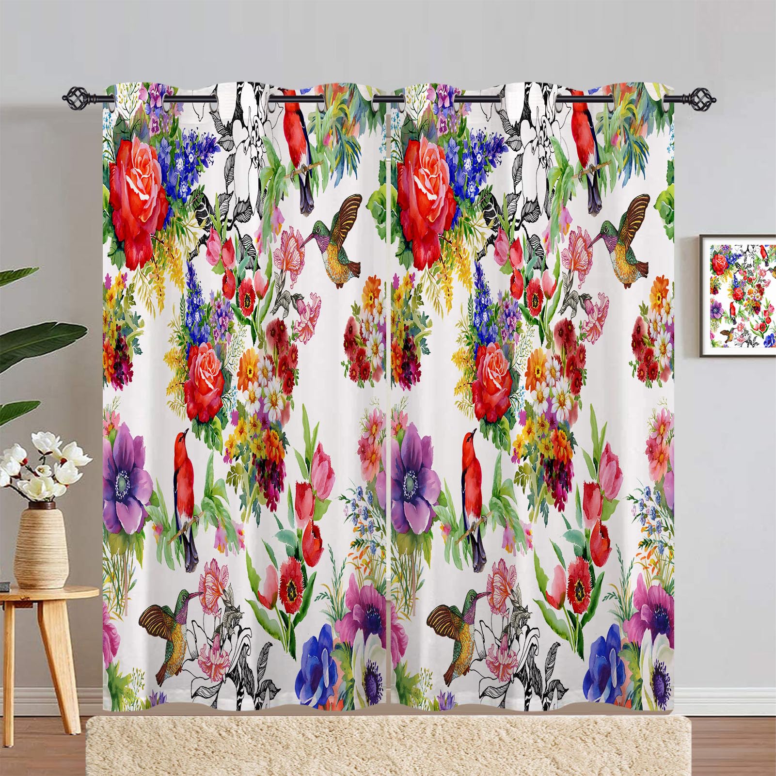 ANHOPE Watercolor Curtains Eyelet Blackout Thermal Insulated Curtains Bird Garden Flower Tulip Rose Print Pattern Soft Soundproof Privacy Window Drapes for Bedroom Living Room 46 x 90 Inch 2 Panels