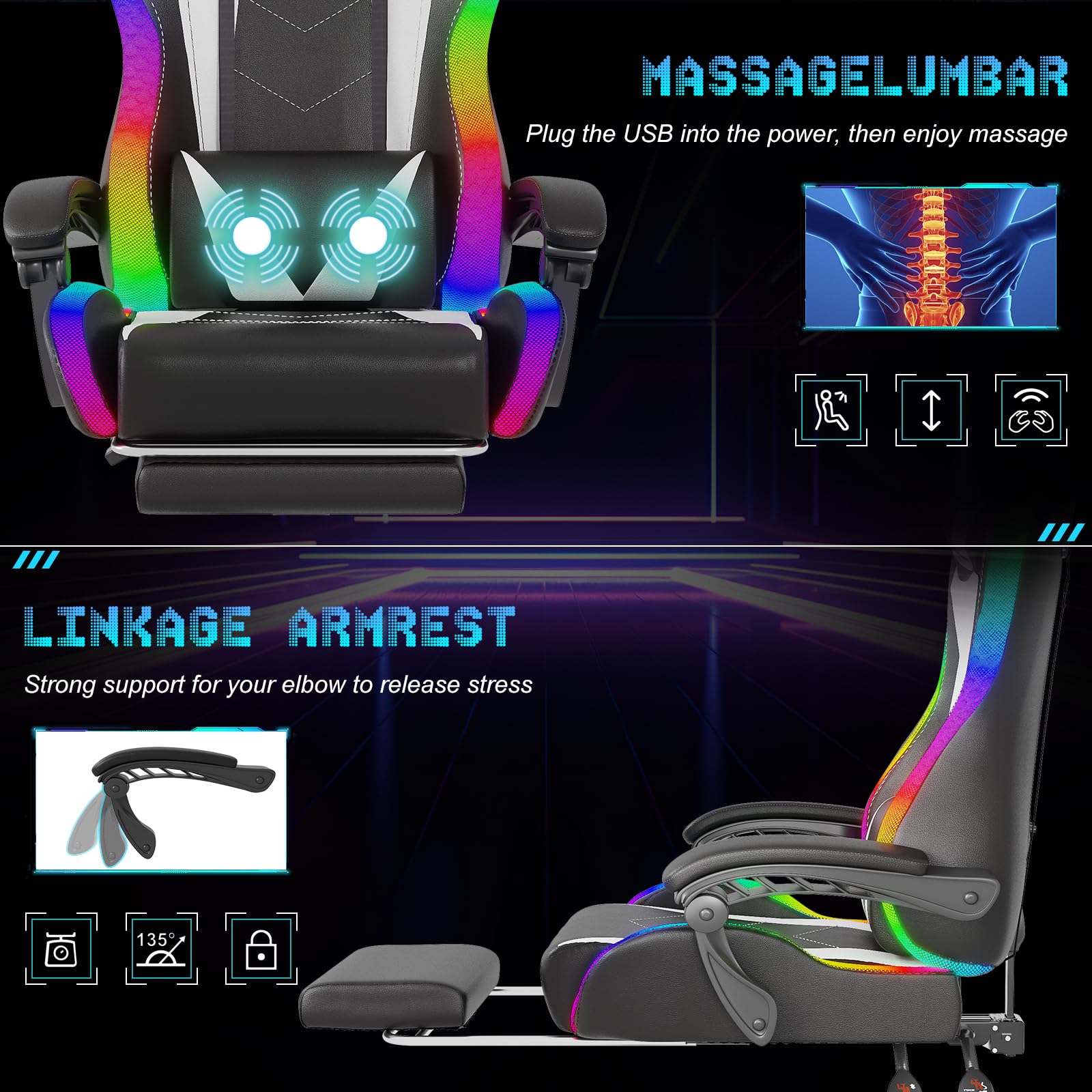 Devoko Sedia da Gaming con Massaggiante Schienale Regolabile 90-135°, Sedia Gaming con LED e Poggiapiedi Telescopico,Poltrona Gaming Ergonomica Portata 150 kg (Bianca)