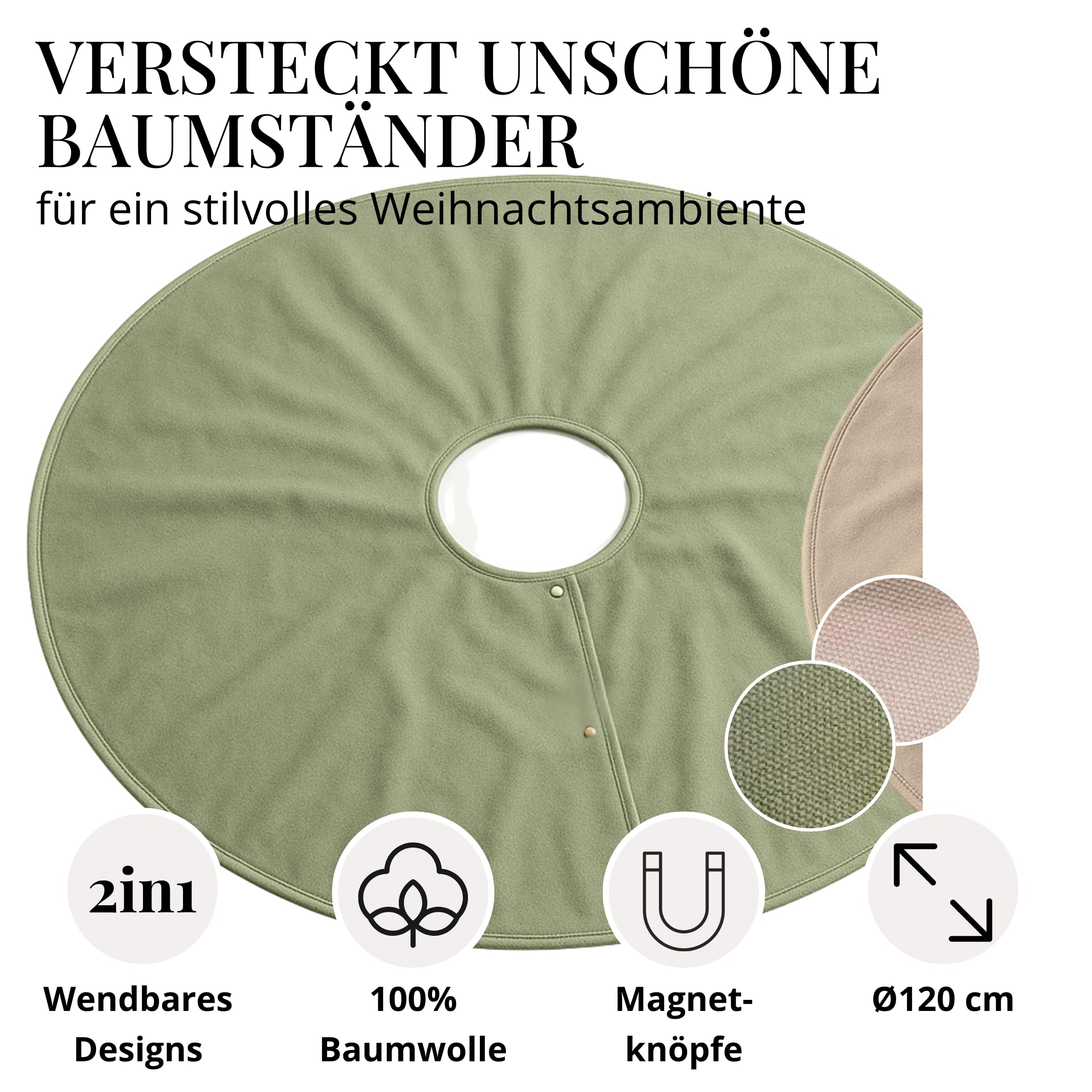 Livlig53 Weihnachtsbaum Decke ø120cm, Weihnachtsbaumdecke rund aus 100% Baumwolle, 2in1 Design - wendbare Tannenbaum Decke, Weihnachtsbaumrock, Weihnachtsbaum Decke Beige I Grün mit Goldsaum