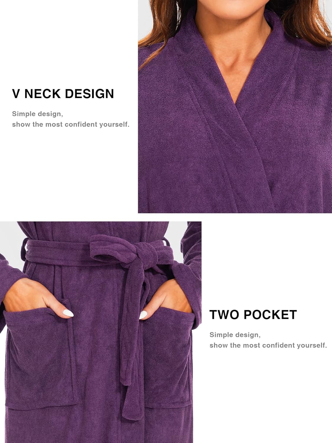 Knuffnee Women Bath Robes Terry Cloth Towel Robe Knee Length Bathrobe with Pockets - Image 4