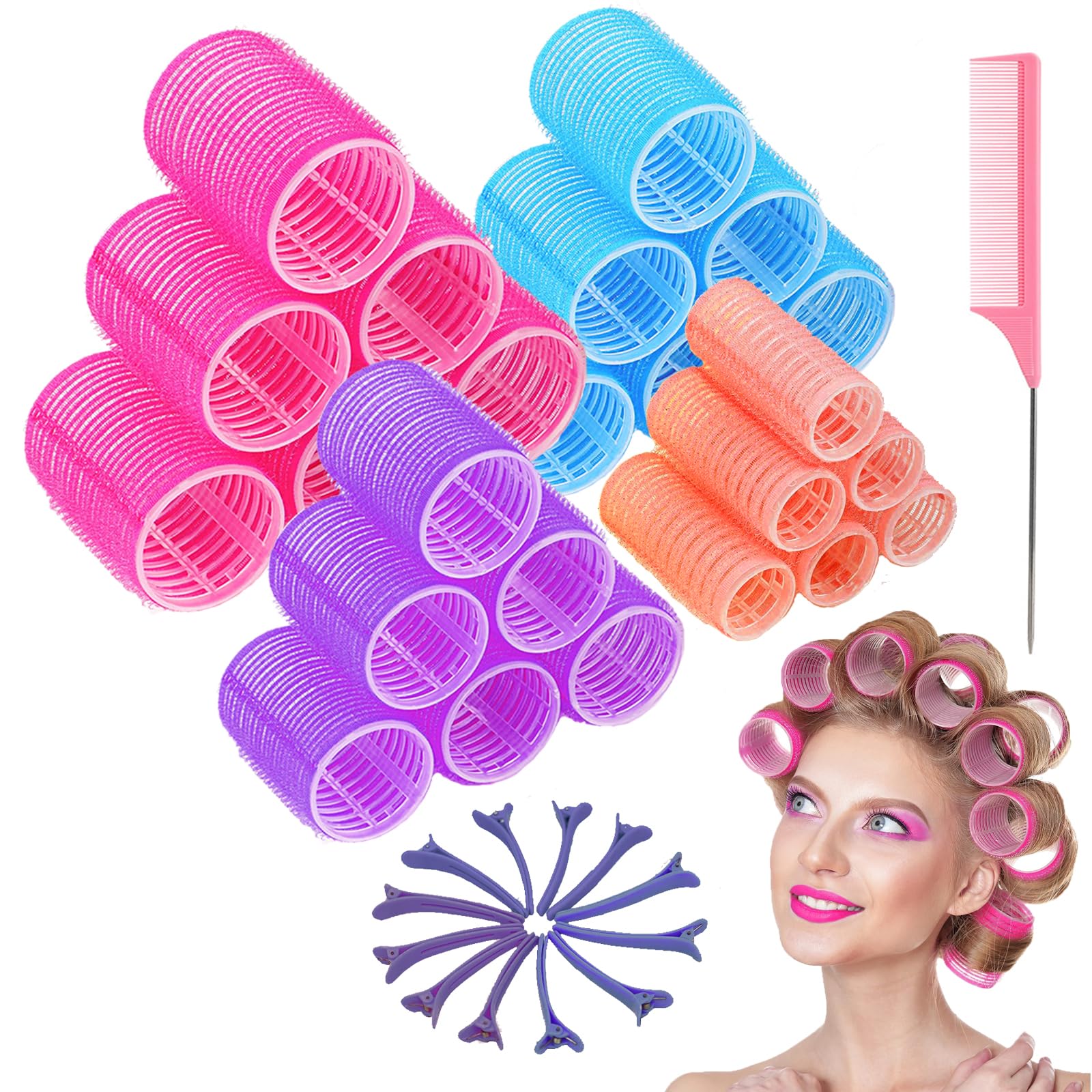 Hair Rollers Set,36 Pcs Hair Curlers,Hair Rollers for Volume Long & Medium Hair,4 Size Self Grip Hair Rollers,Large Rollers Hair Curlers with 24 Rollers,12 Clips（2.1’’&1.7’’&1.4’’&0.5’’）
