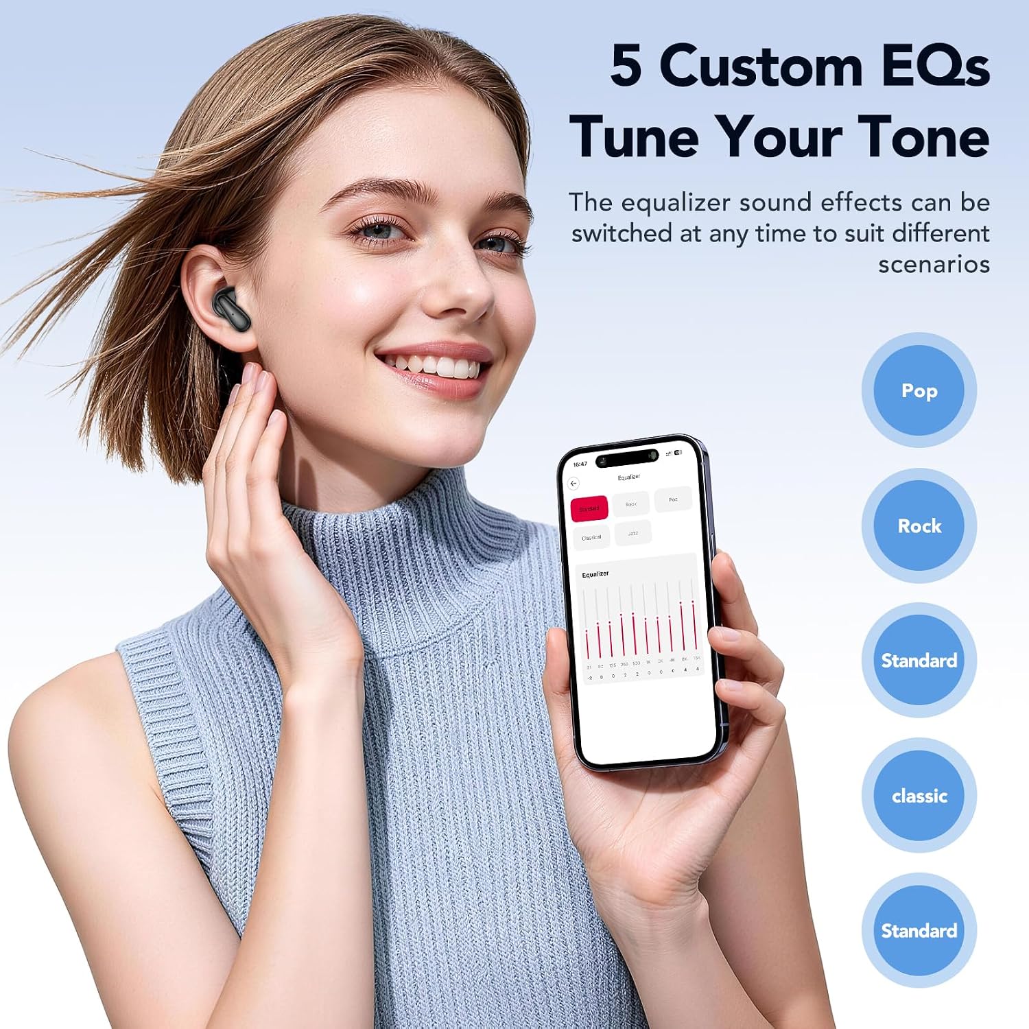 A woman wearing MINISO MS102 earbuds, holding a smartphone displaying EQ settings for Pop, Rock, Standard, Classic, and Jazz, demonstrating the 5 custom EQ options.