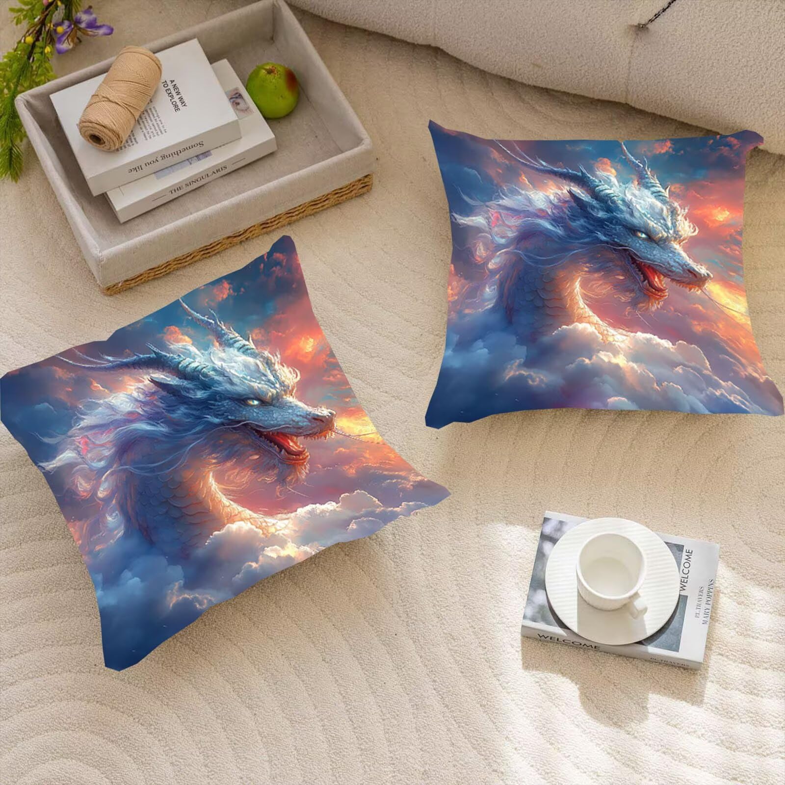 Drachen Aksamitna poszewka na poduszkę 60 x 60 cm, 2 sztuki w zestawie poszewka na poduszkę na sofę, dekoracyjne poduszki na kanapę, kwadratowa poszewka na poduszkę z ukrytym zamkiem błyskawicznym, do
