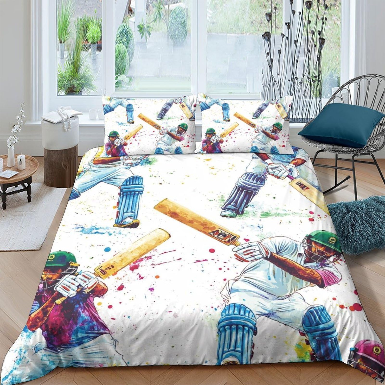 GPLZQXKJNH 3D Printed Cricket Player Duvet Cover Microfiber Soft Breathable Sports Bedding Set with 2 Pillowcases for Bedroom Decor Single（135x200cm）