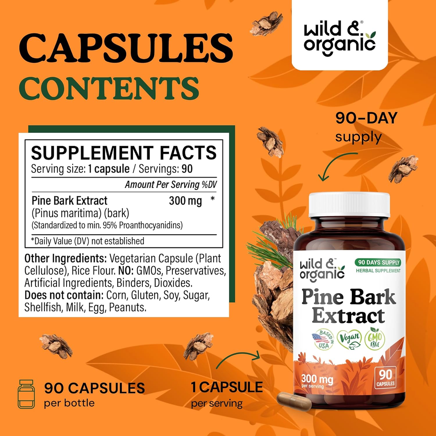 Wild & Organic Pine Bark Extract Capsules 300 mg - Antioxidant Support - 95% Proanthocyanidins - 90 Capsules - French Maritime Pine Bark Extract - 90 Days of Supply - Pinus Maritima - Vegan, Non-GMO - Image 3