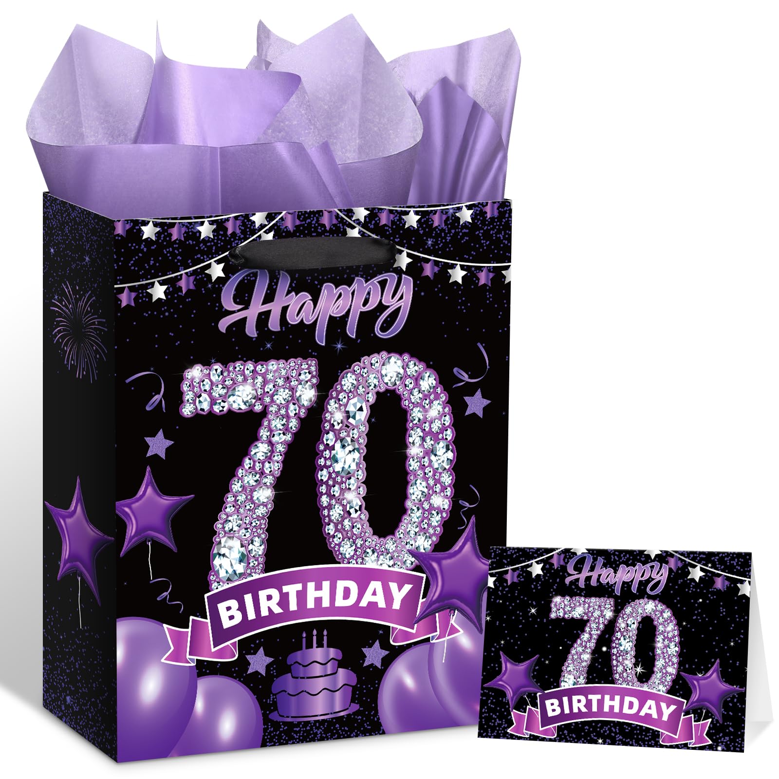 RUMIA Black Purple Happy 70th Birthday Gift Bag with Greeting Card and Tissue Paper for Women Purple 70th Birthday Wrapping Bag with Handles for 70