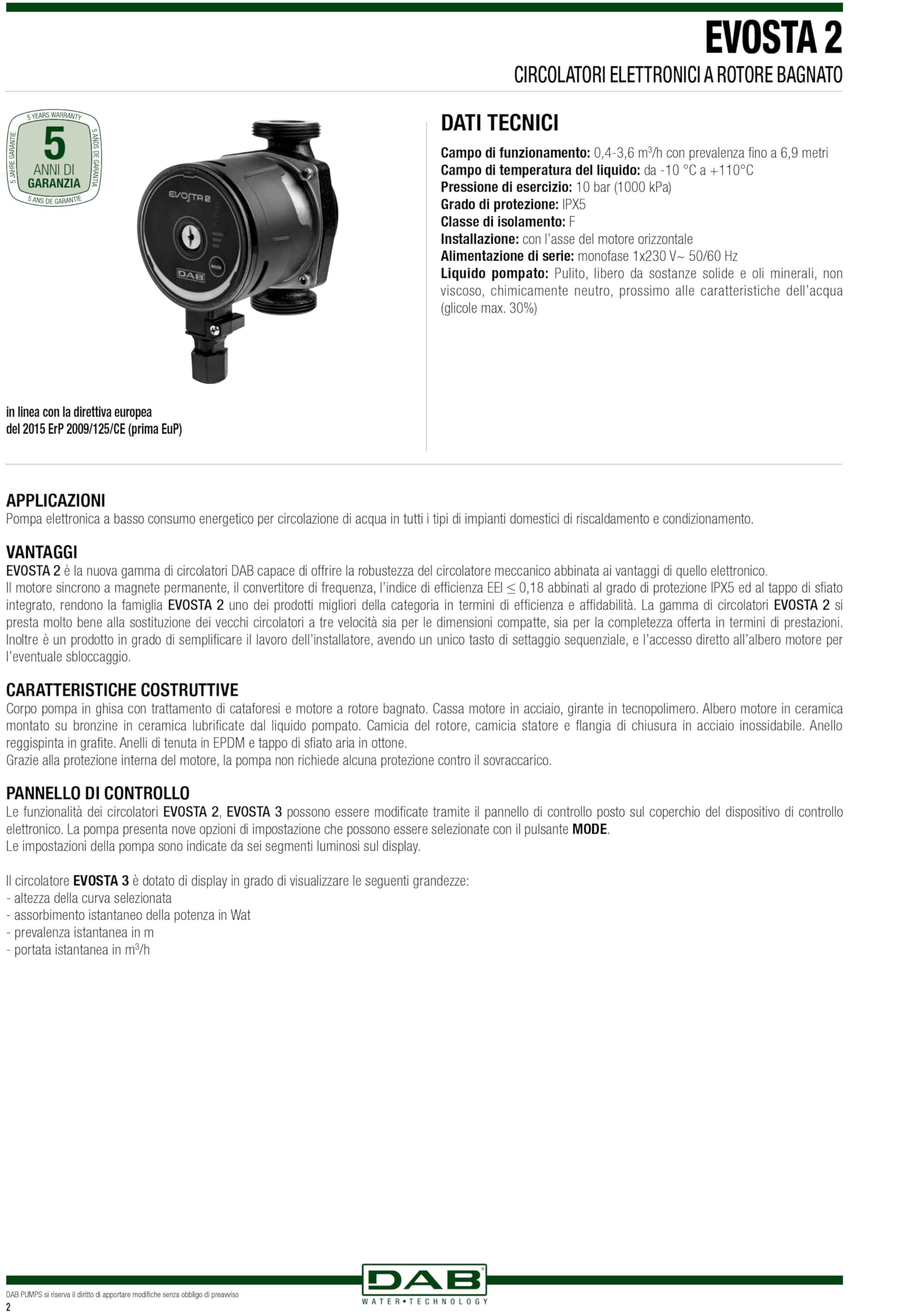 Circolatore DAB Evosta 2 40-70/130 (1") con attacchi pompa filettati G 1” ½ per impianti di riscaldamento e condizionamento