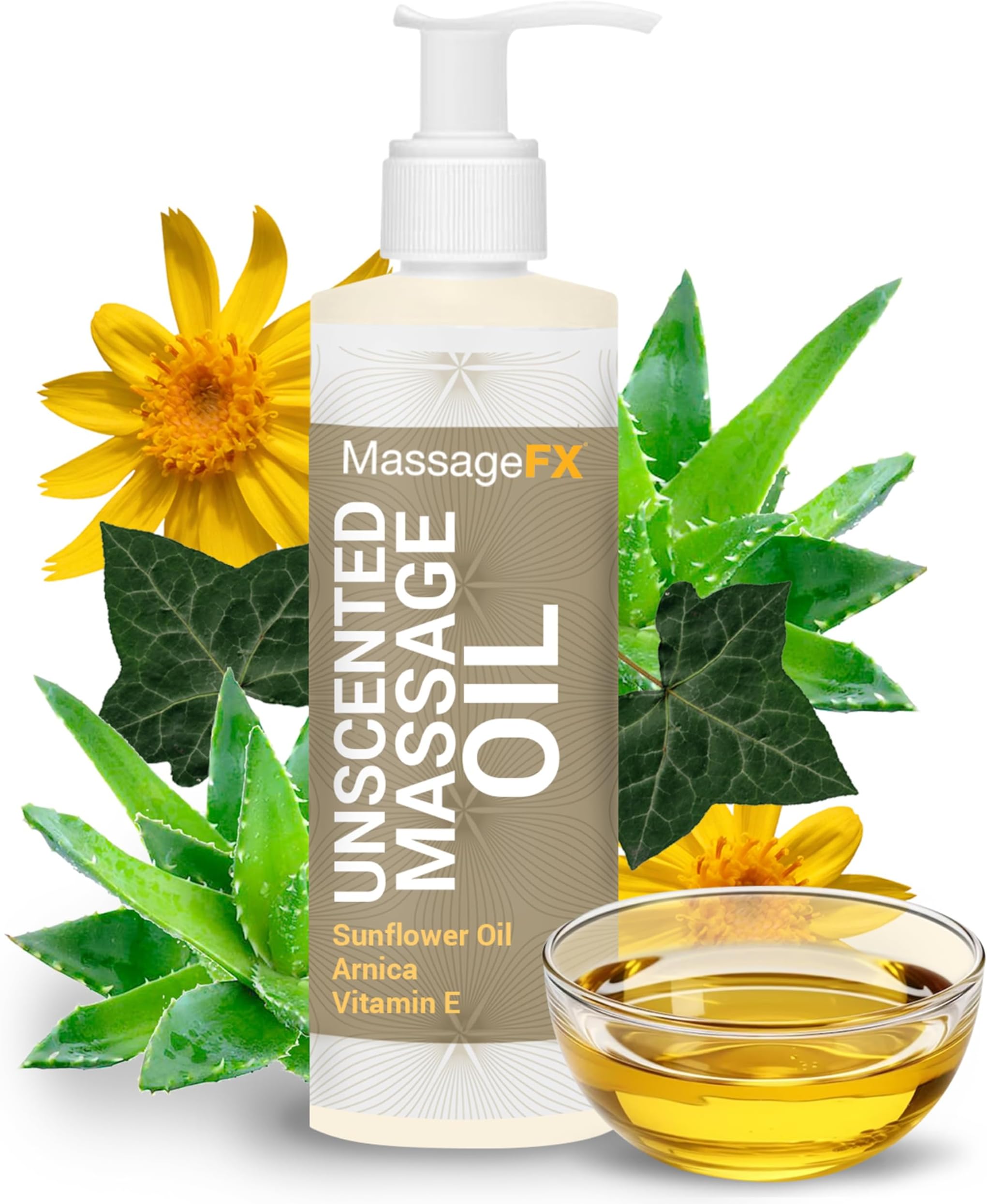 Massage Oil by Massage FX - 100% Pure Sweet Almond & Sunflower Seed Oil - Vitamin E - Ivy, Arnica & Aloe - Unscented - Perfect for a Full Body Massage, Maximum Friction - Paraben Free - 8 Ounces Pump