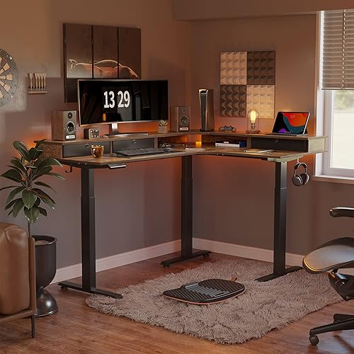 Miniatura 7 de CubiCubi Escritorio de pie en forma de L con motor triple de 63 pulgadas con 3 cajones, altura ajustable eléctrica, soporte de esquina, marrón