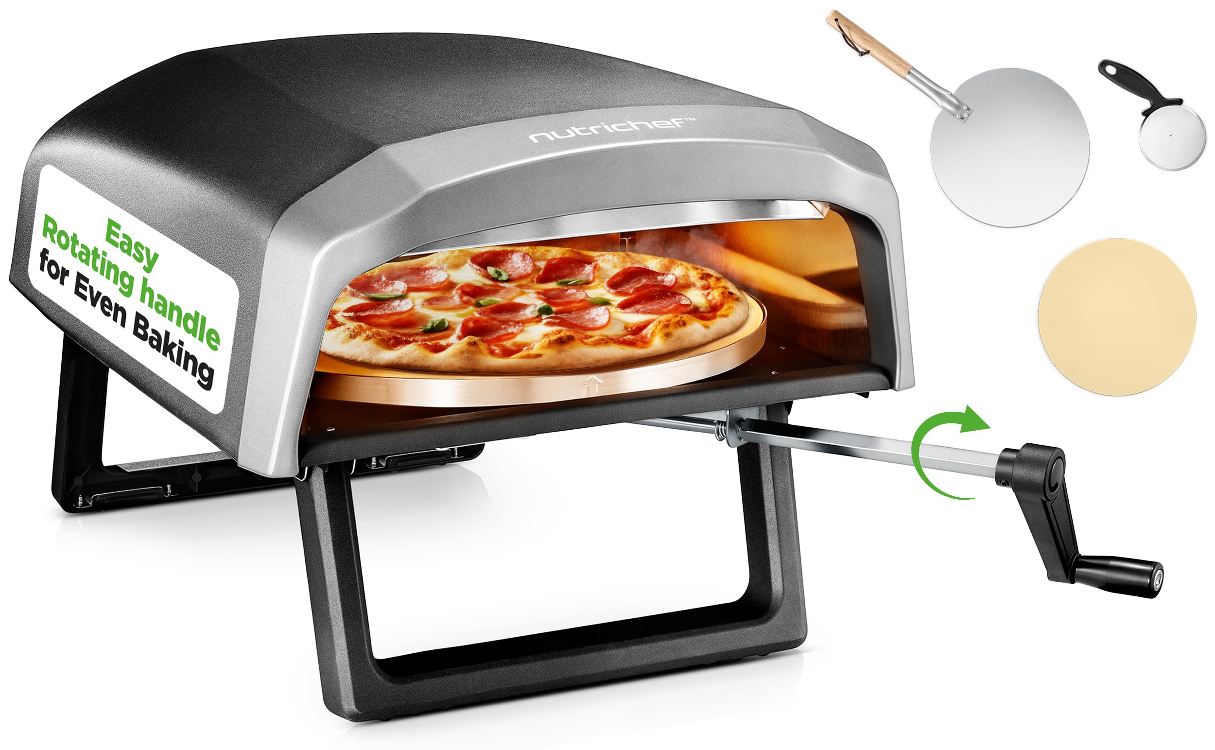 Nutrichef Outdoor Pizza Oven - Manual 360° Rotating Pizza Stone - Adjustable Heat - Includes Pizza Peel, Pizza Cutter, Stone, Cover, & Hose - Cook 12" Pizza in 60 Seconds - Long Handle
