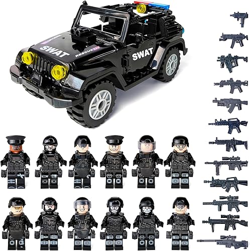 Toysvill SWAT - Juego de bloques de construcción de policía militar para niños | SUV + minifiguras de soldados (12 piezas) con armas y accesorios de