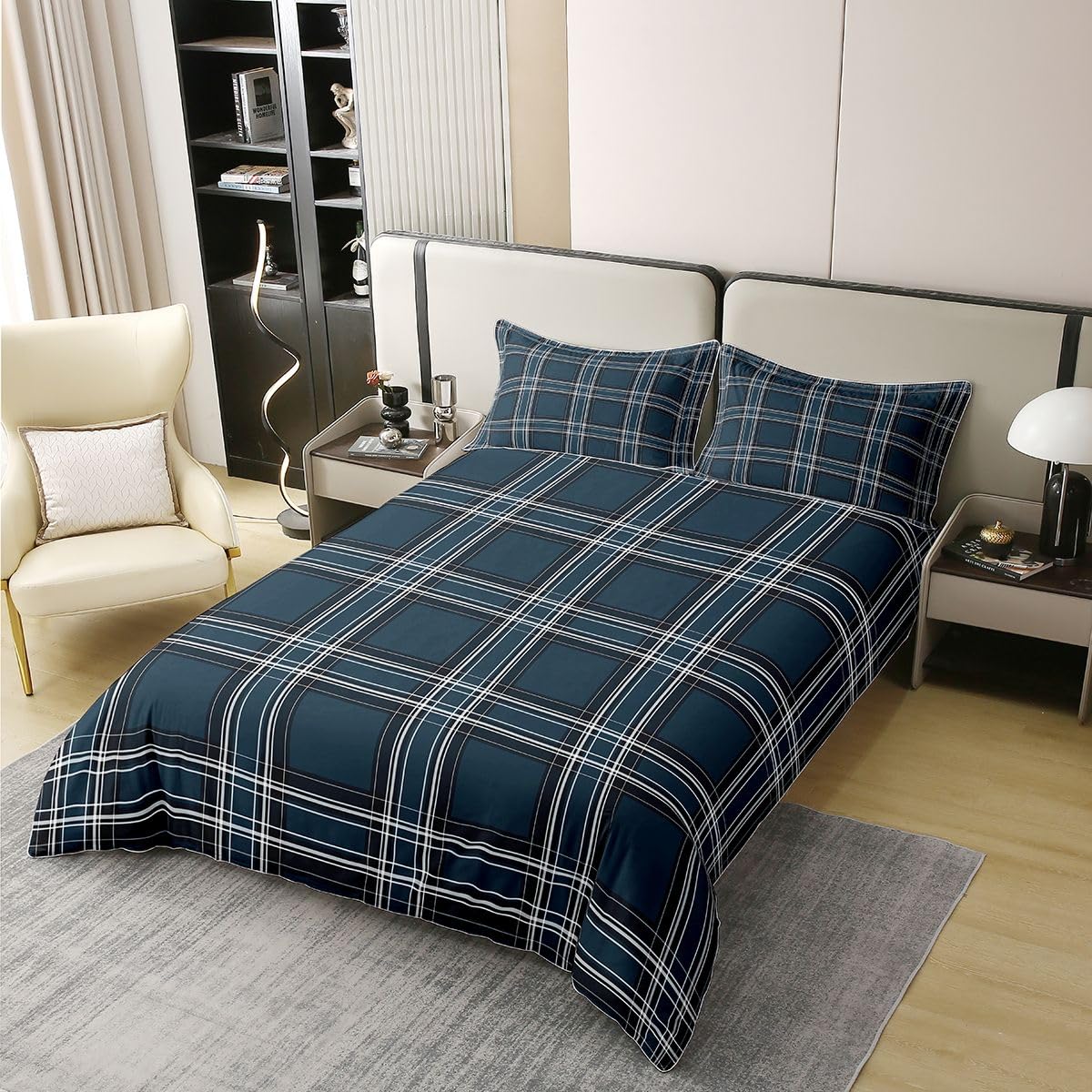 Loussiesd Nowoczesna poszewka na kołdrę w kratę 100% bawełna king size geometryczny zestaw pościeli dla chłopców dziewcząt retro nadruk w kratę poszewka na kołdrę niebieski turkusowy czarny dekoracja