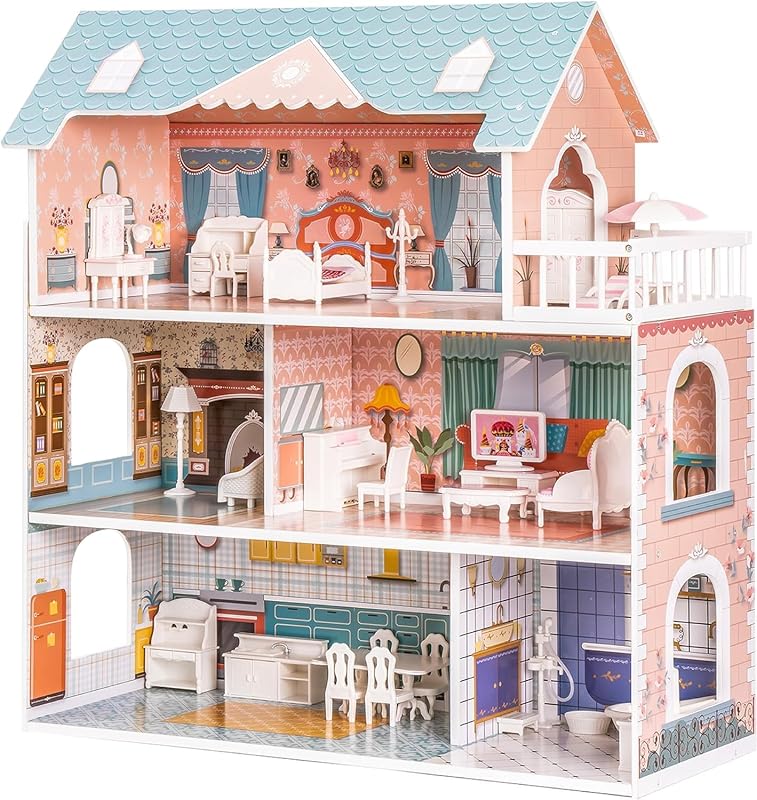 ROBUD Wooden Dollhouse with Furniture Blue for Girls 3-6 | 3-level 6-room design, 31pcs furniture set, smooth edges, durable wood, pretend play, kids gift