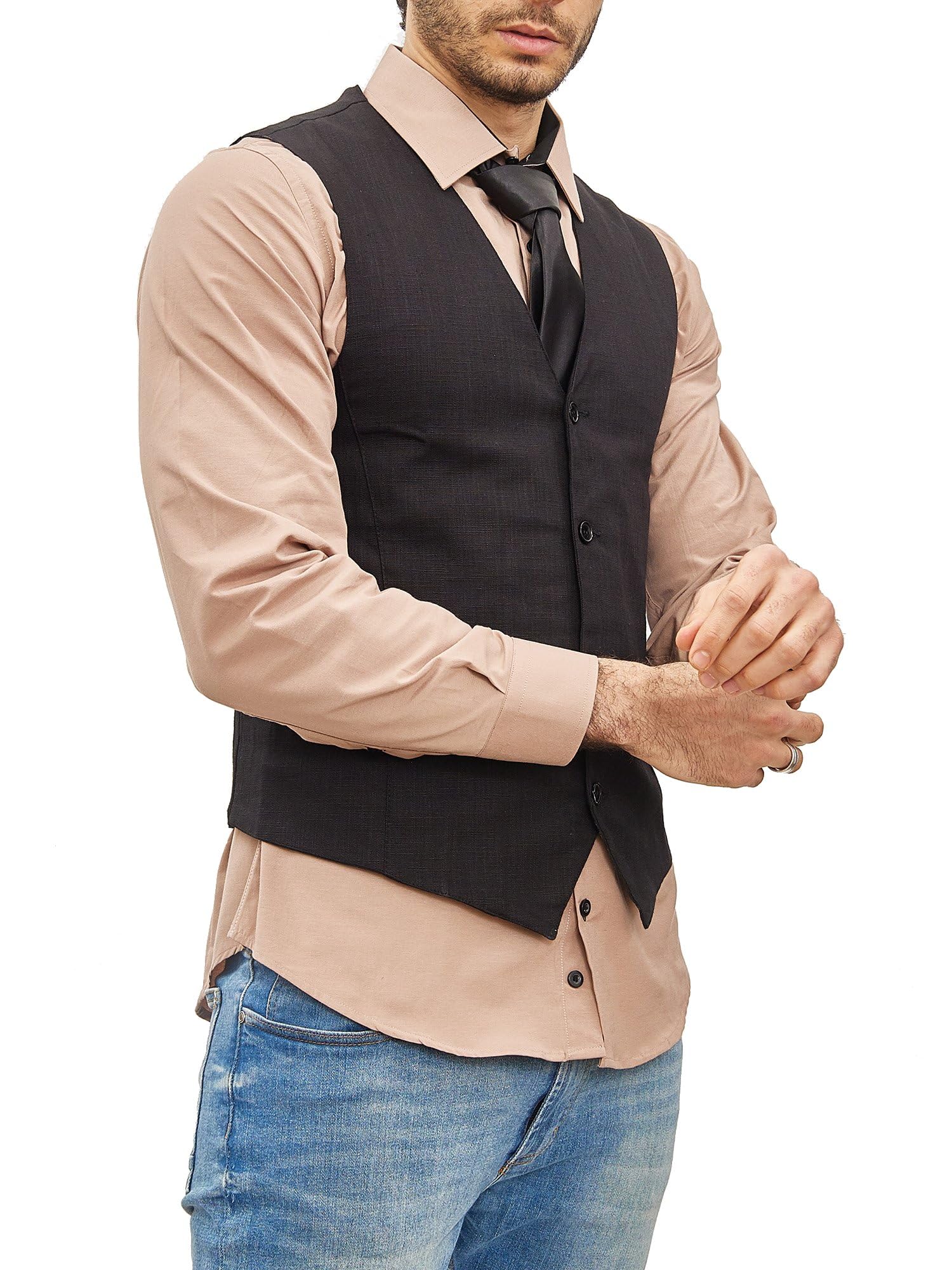 Subliminal Mode – Bügelfrei Weste + Hemd + Krawatte Herren Kragen zweifarbig Uni Langarm Slim Business Geschenkidee RN33