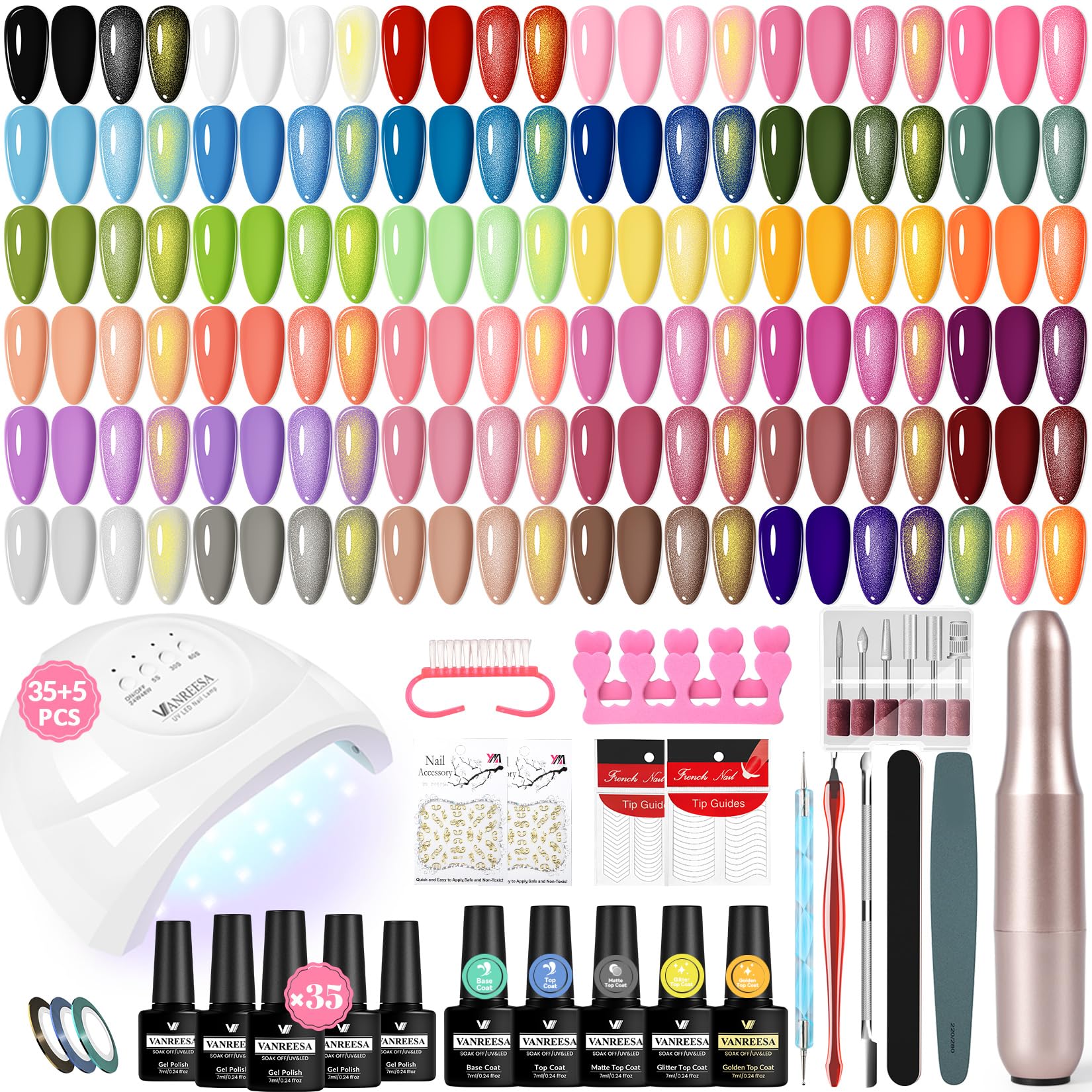 VANREESA Kit Uñas Semipermanentes, 35 Colores Pintauñas Semipermanentes con Base Top Coat Lampara UV 48W, Taladro Eléctrico Profesional para Uñas y Herramientas Manicura, Regalo para Principiantes