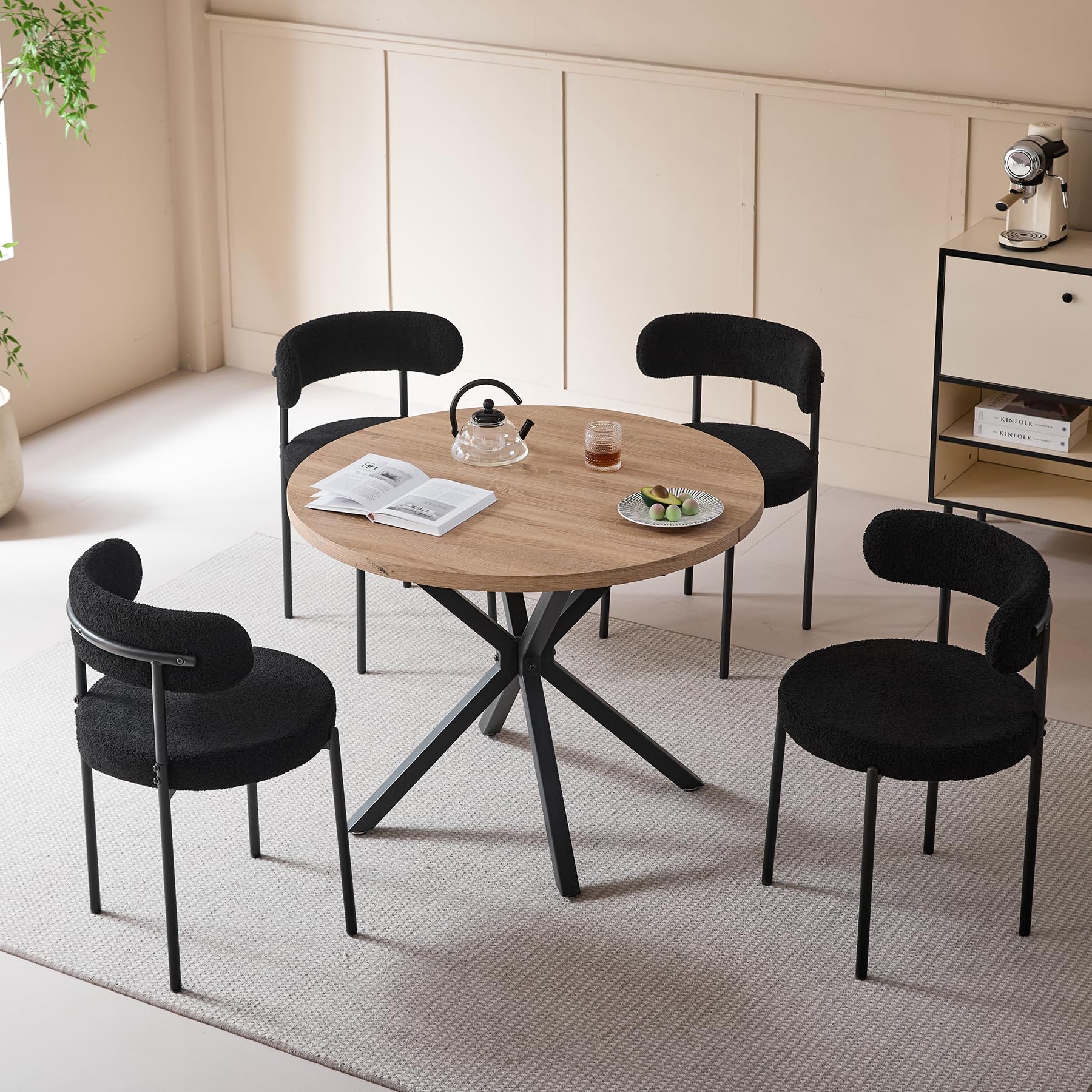 Essgruppe Set Tisch und Stühle, 100cm Runder Esstisch mit 4 Esszimmerstühlen, Tisch und 4 Stühle für Küche, Wohnzimmer, Balkon, Restaurant, Büro (Helle Holzfarbe+Schwarz)