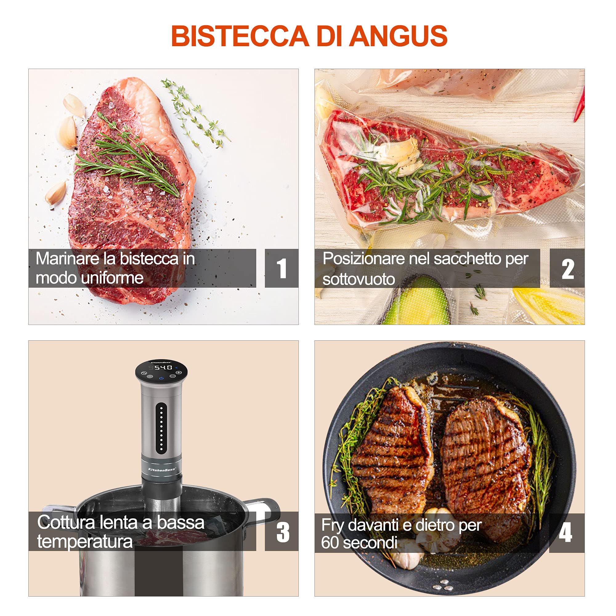 KitchenBoss Sous Vide Roner Cucina a Bassa Temperatura Slow Cooker Circolatore Termico Professionale IPX7 Impermeabile Timer Touch Screen Argento